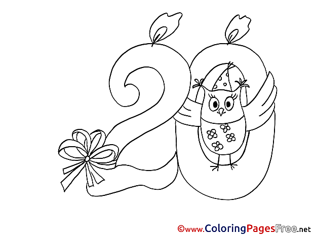 Owl 20 Years Colouring Page Birthday free