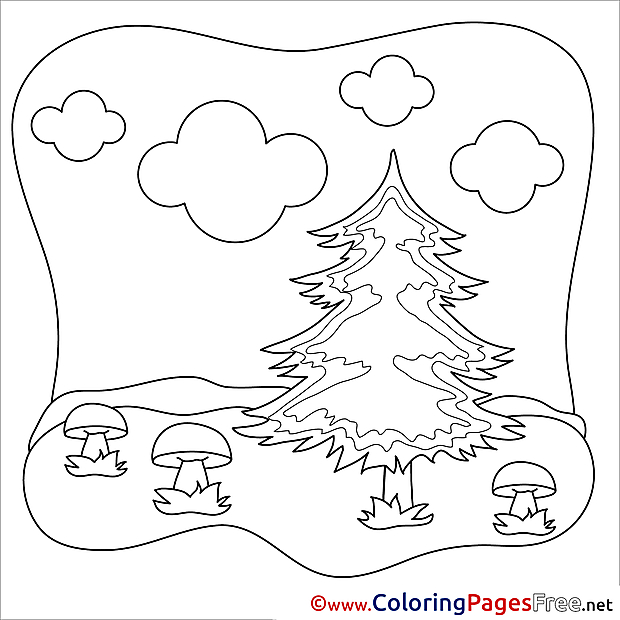 Clouds Mushrooms Kids free Coloring Page