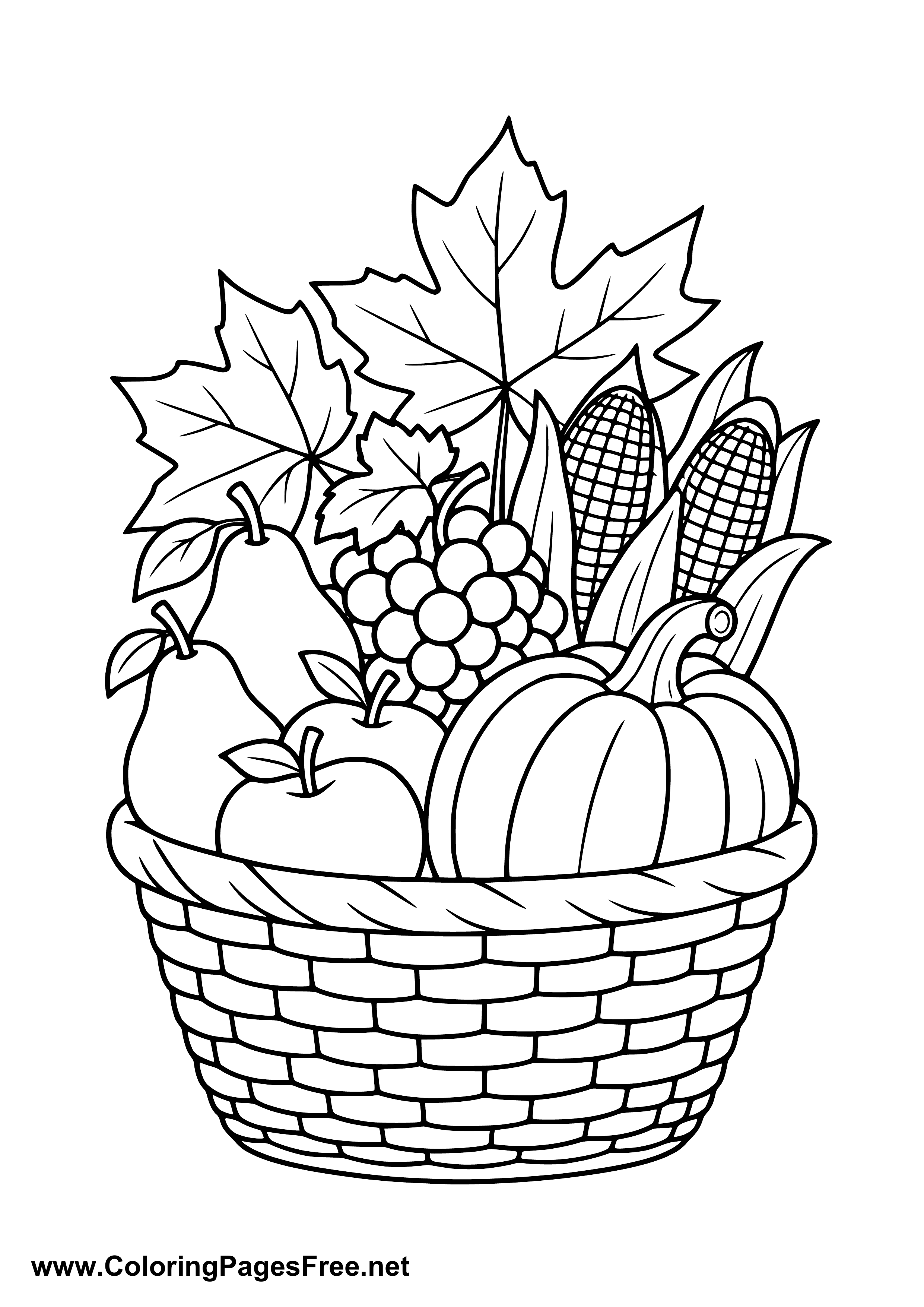 Harvest Basket with Autumn Fruits Coloring Page
