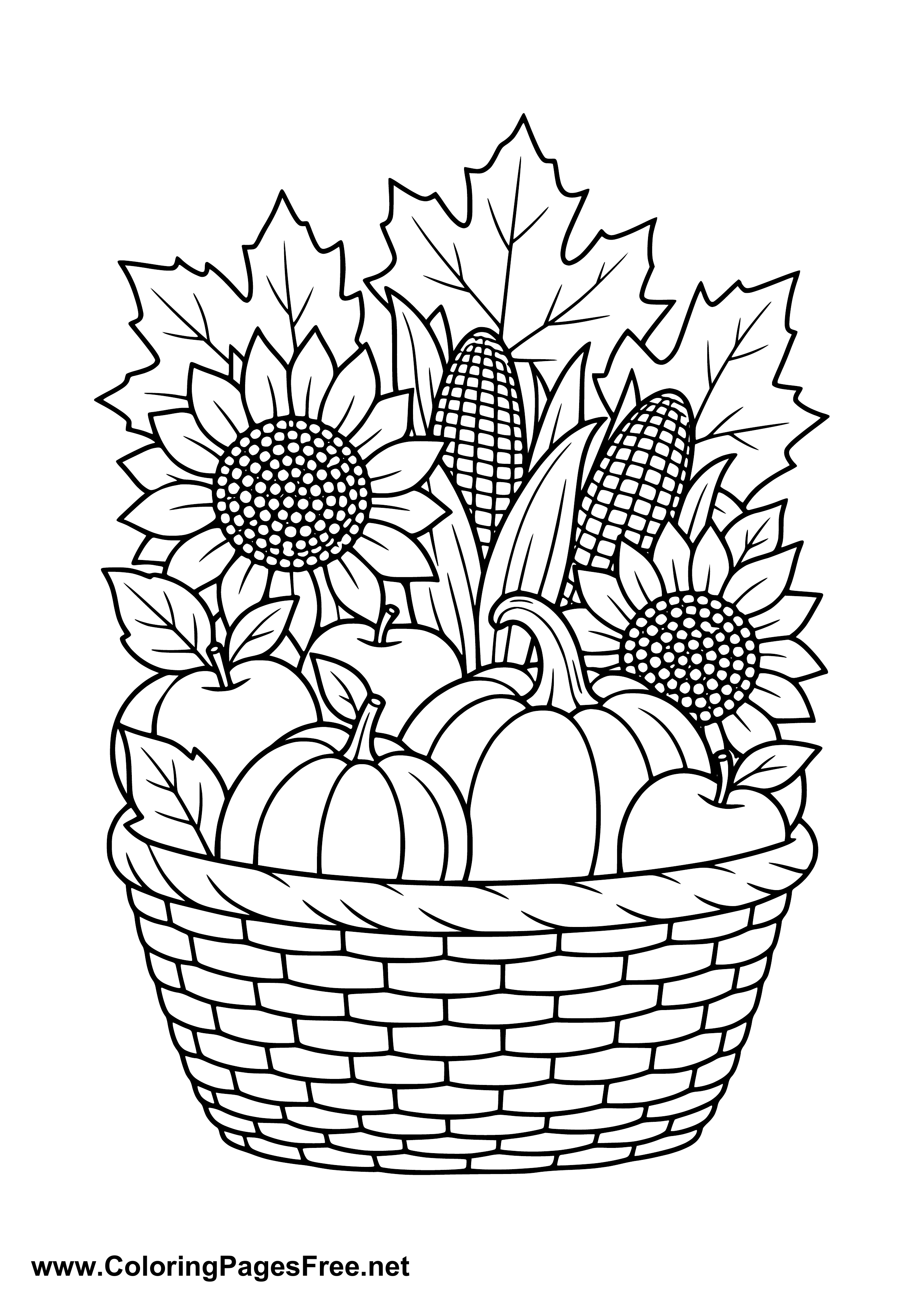 Harvest Basket with Sunflowers Coloring Page