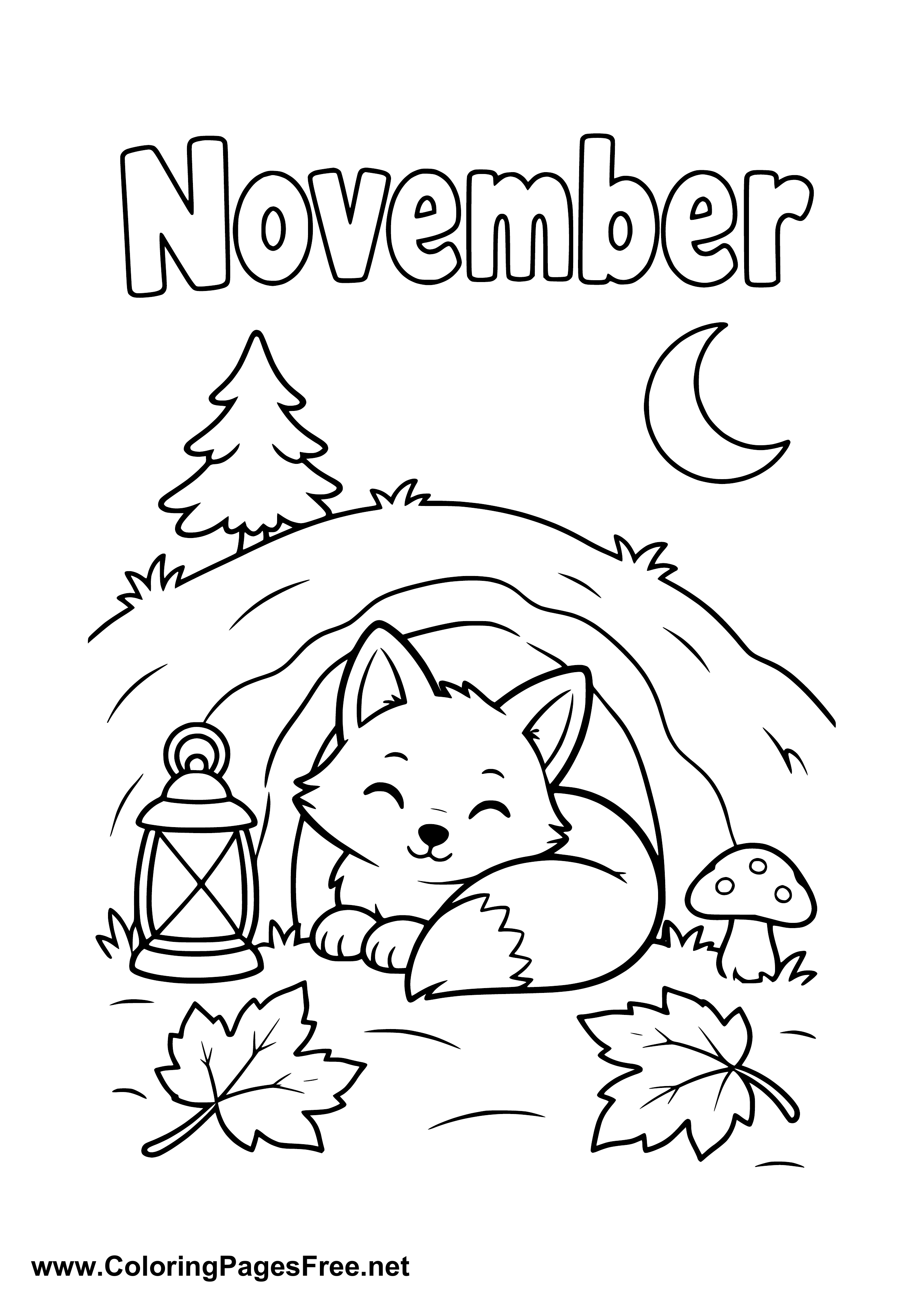 November Coloring Page of a Sleeping Fox Outside Its Den