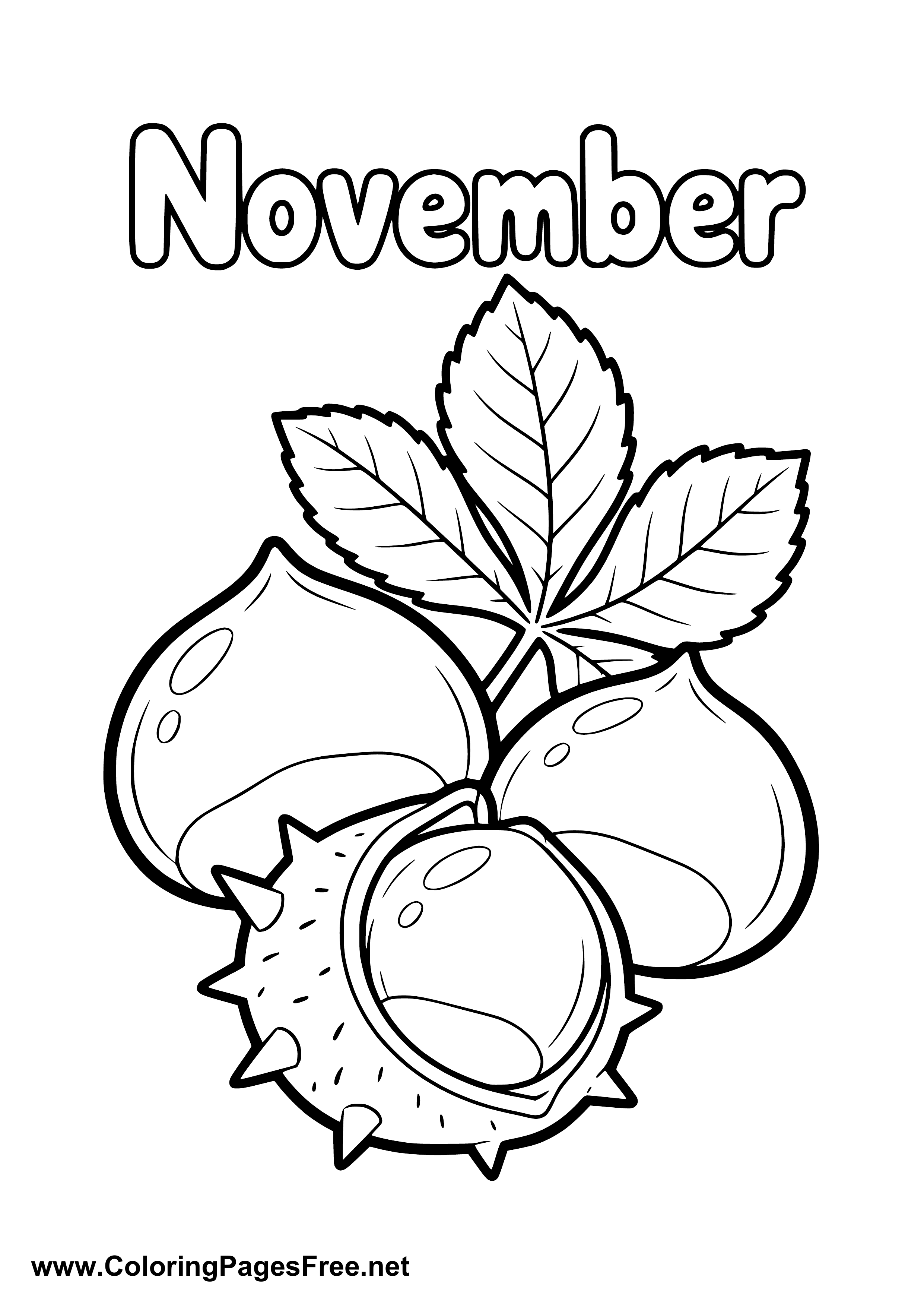 November Coloring Page of Chestnuts with Leaves