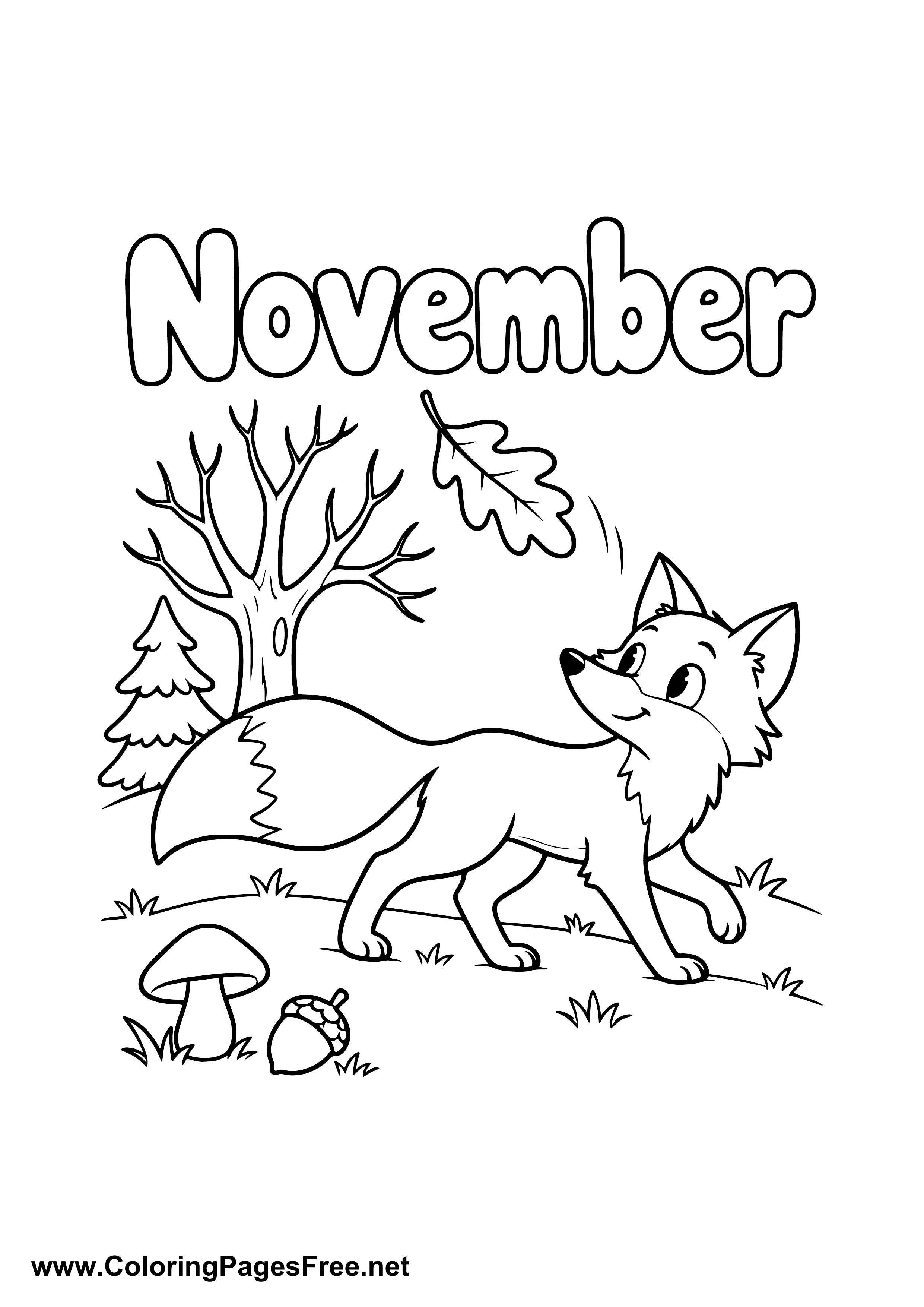 November Coloring Page of Curious Fox on Autumn Walk