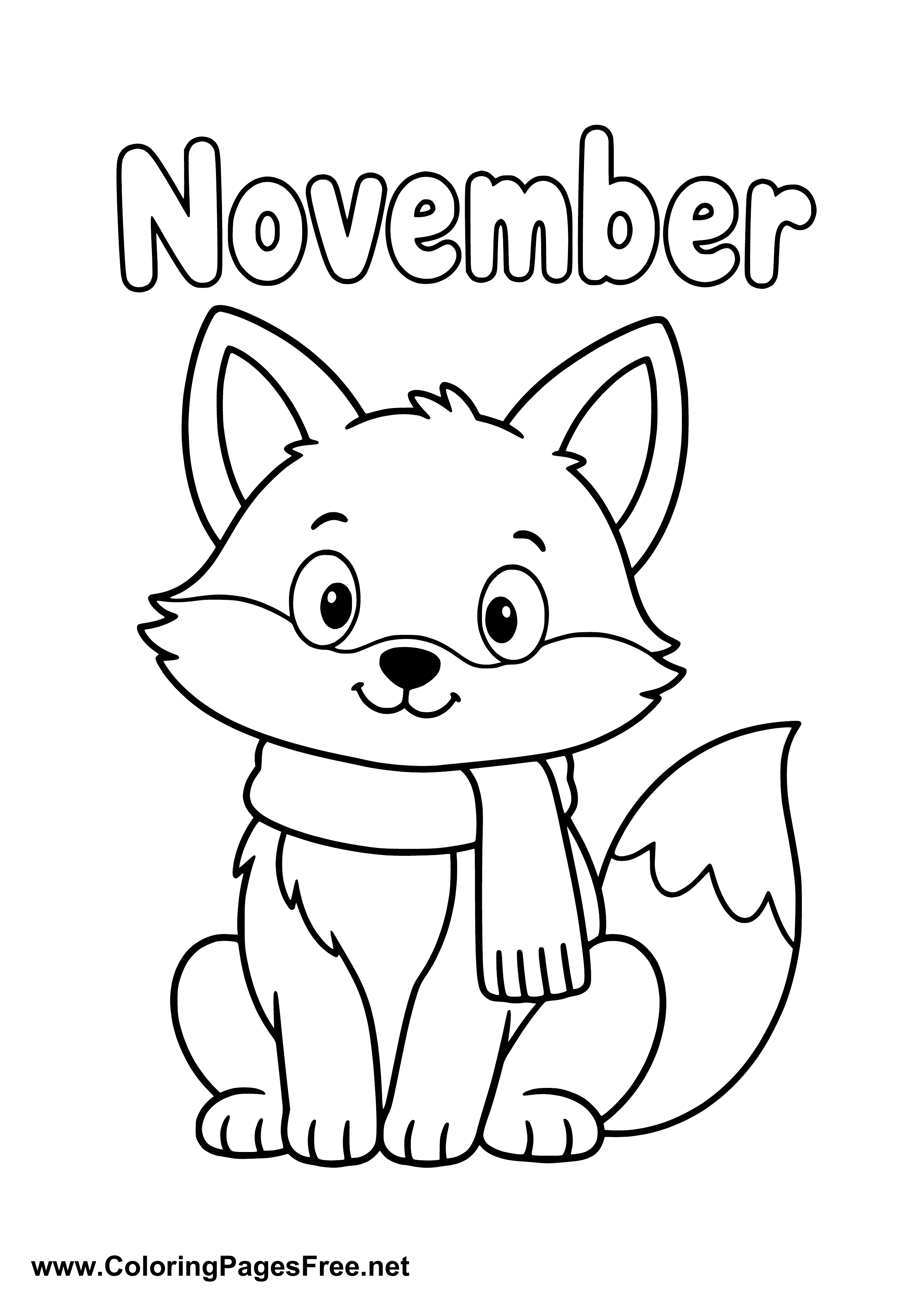 November Coloring Page of Cute Fox Wearing a Scarf