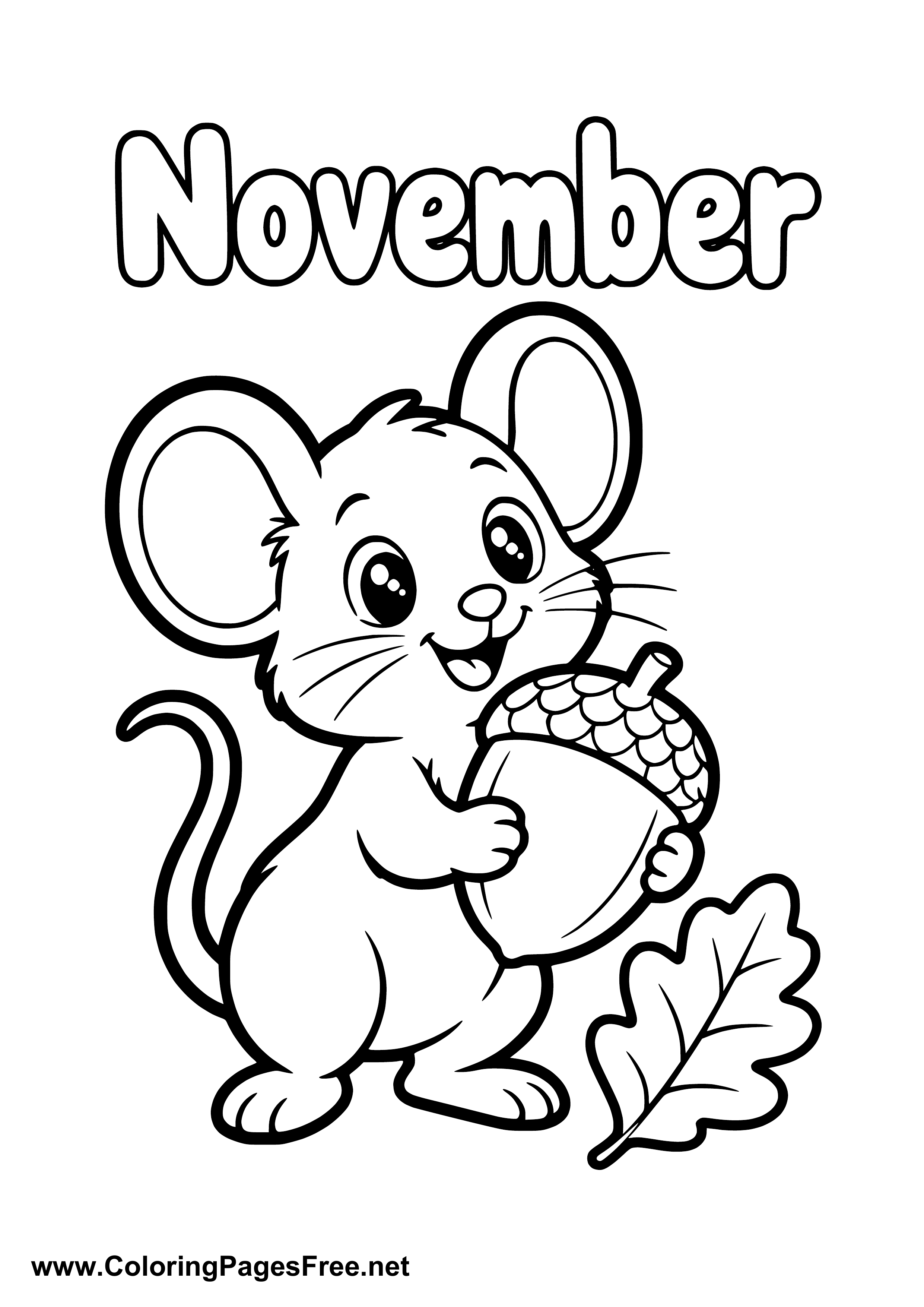 November Coloring Page of Cute Mouse with Large Acorn