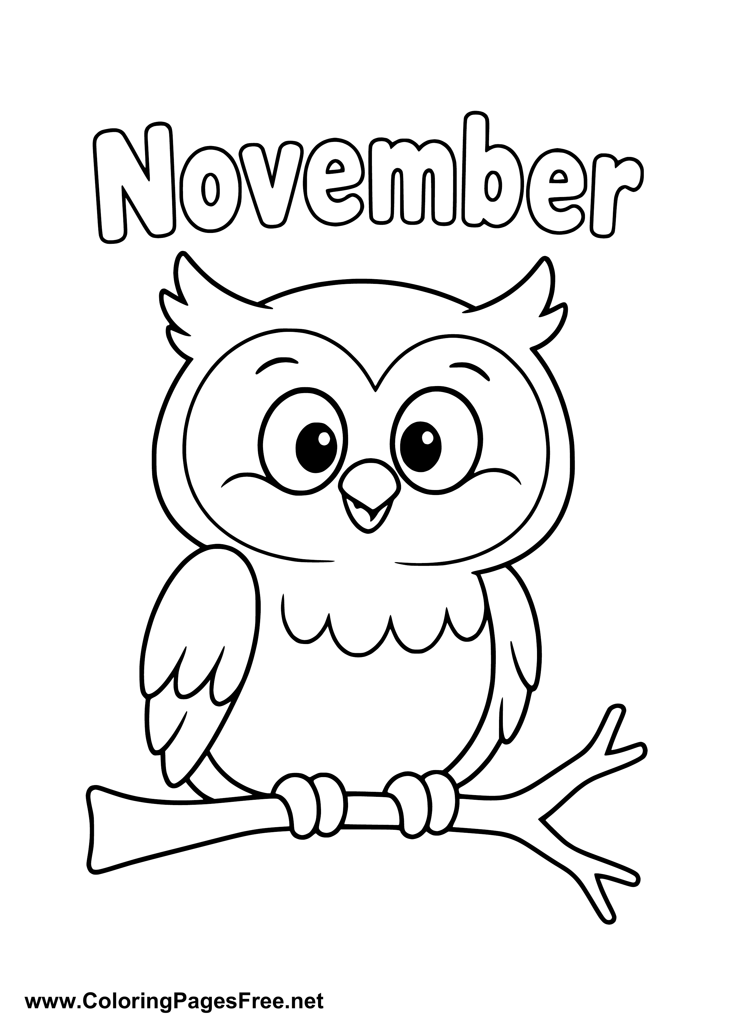 November Coloring Page of Cute Owl on a Branch