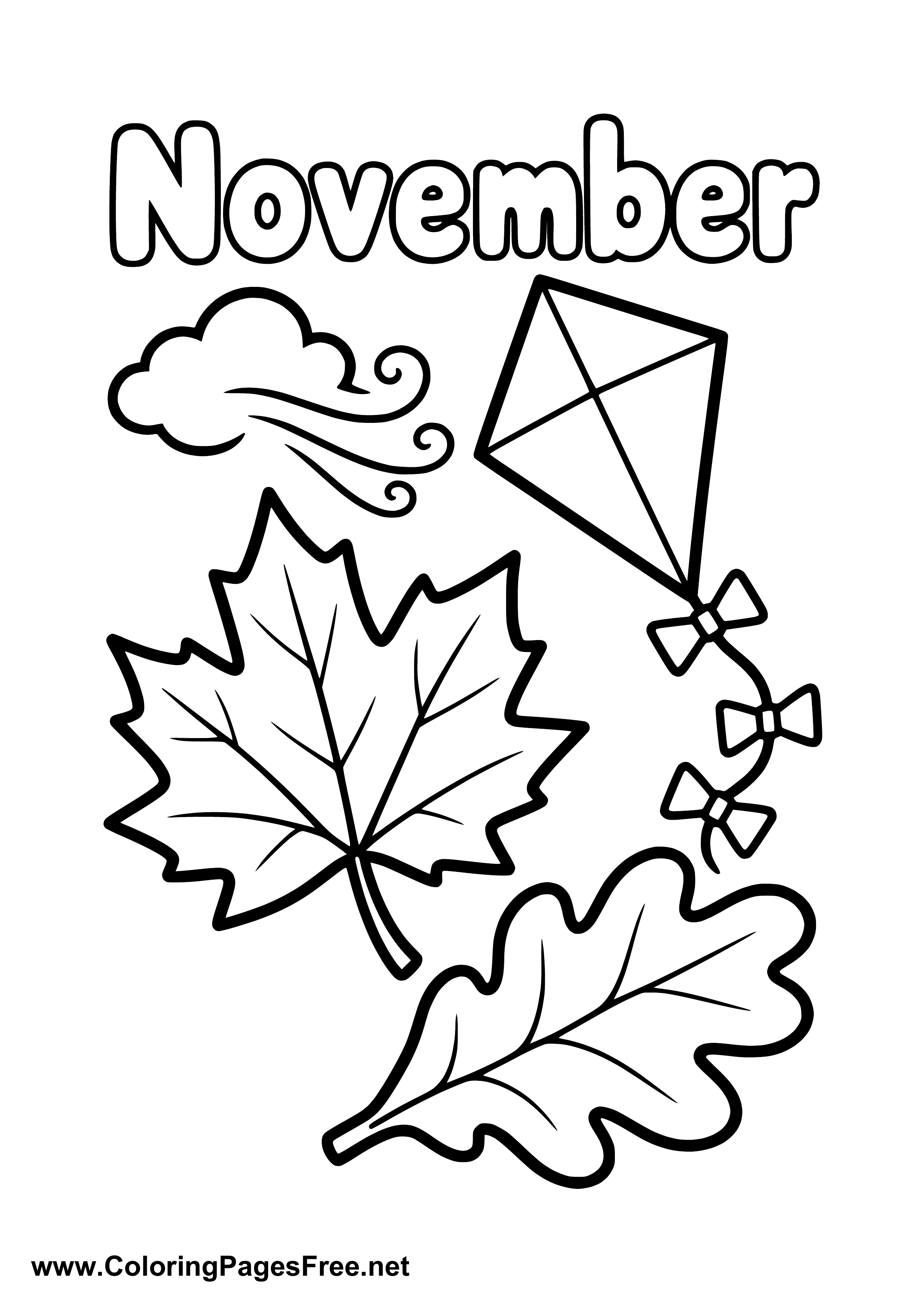 November Coloring Page of Flying Kite with Fall Leaves