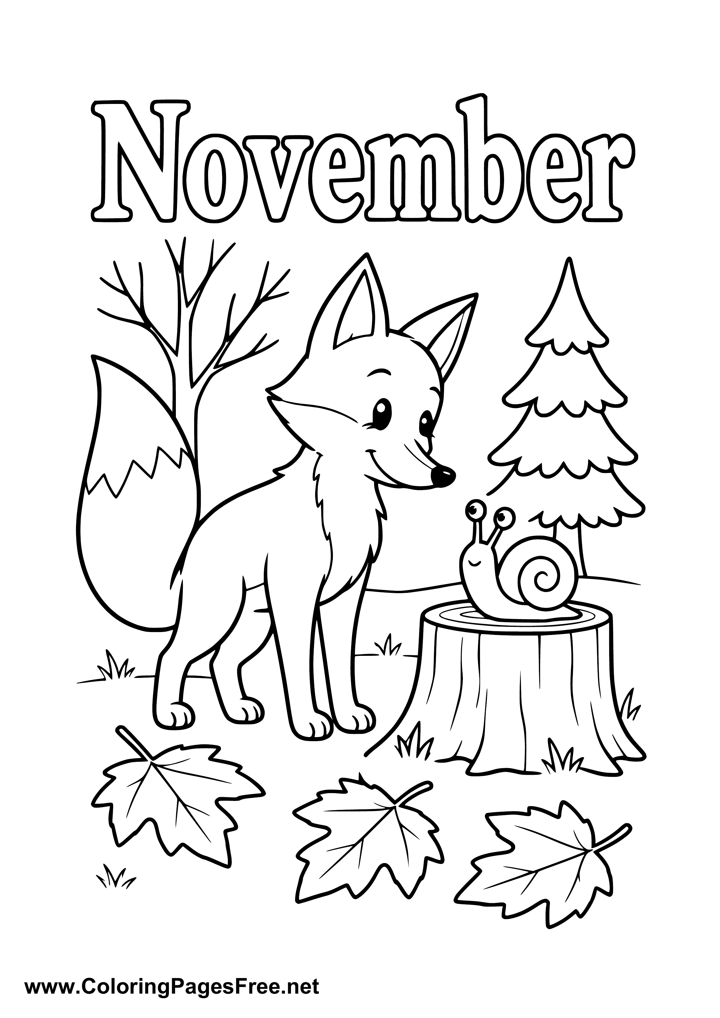 November Coloring Page of Fox and Snail in Autumn Forest