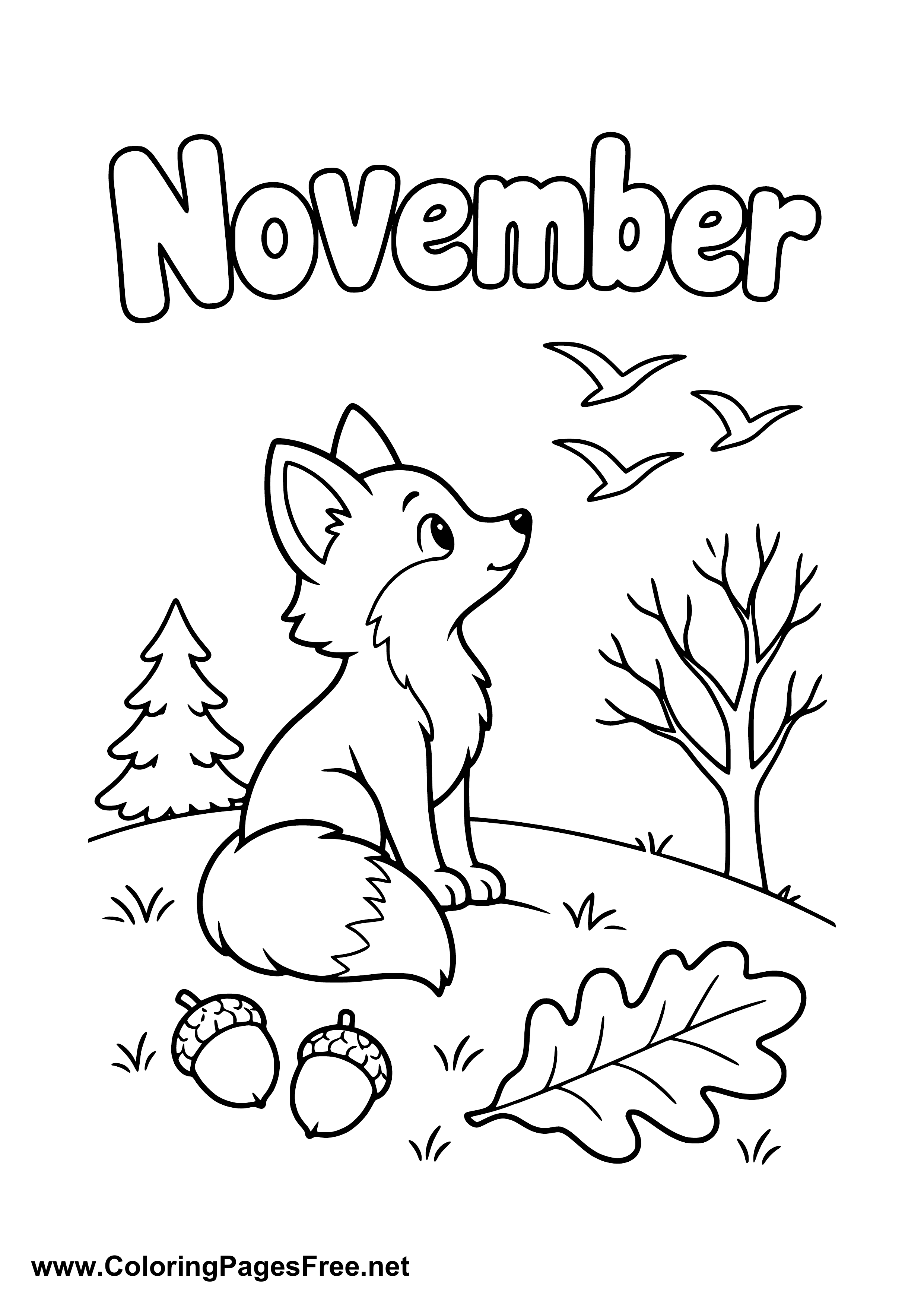 November Coloring Page of Fox in Forest with Migrating Birds