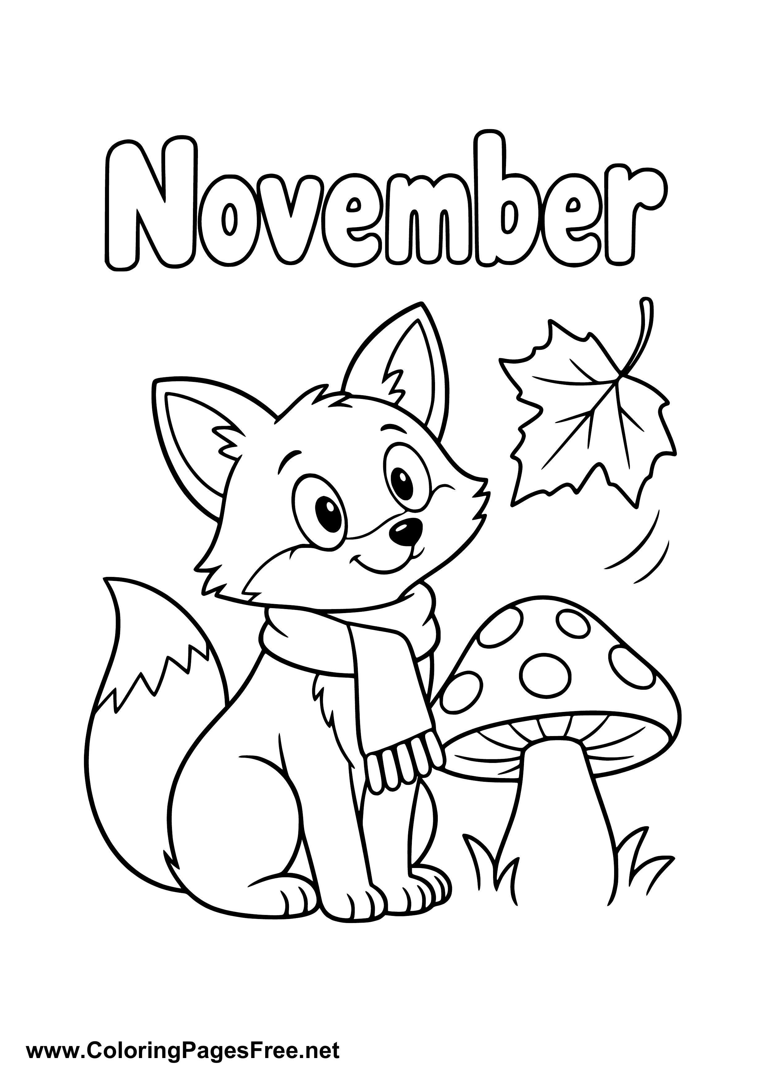 November Coloring Page of Fox Next to a Toadstool
