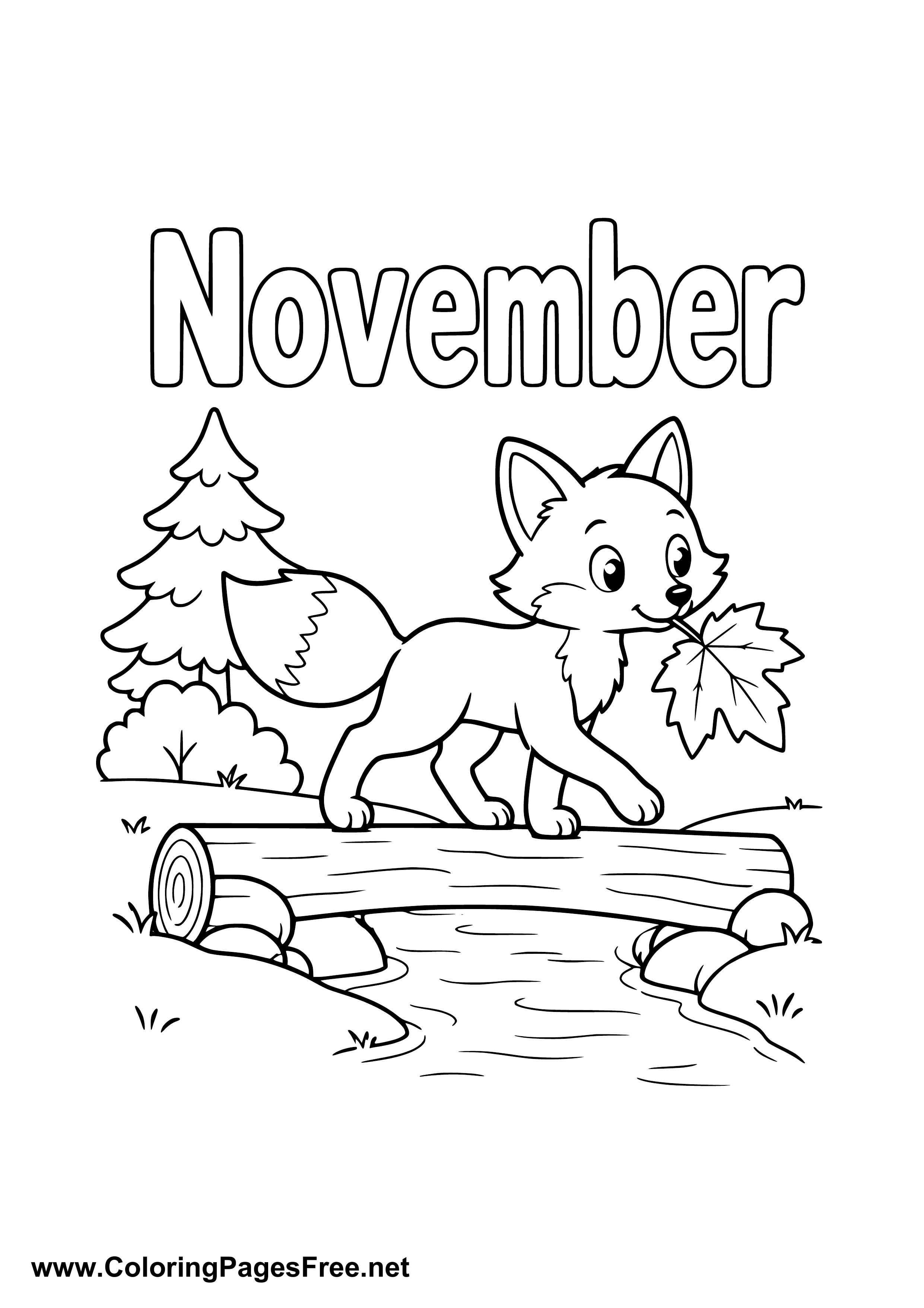 November Coloring Page of Fox on a Log by a Stream