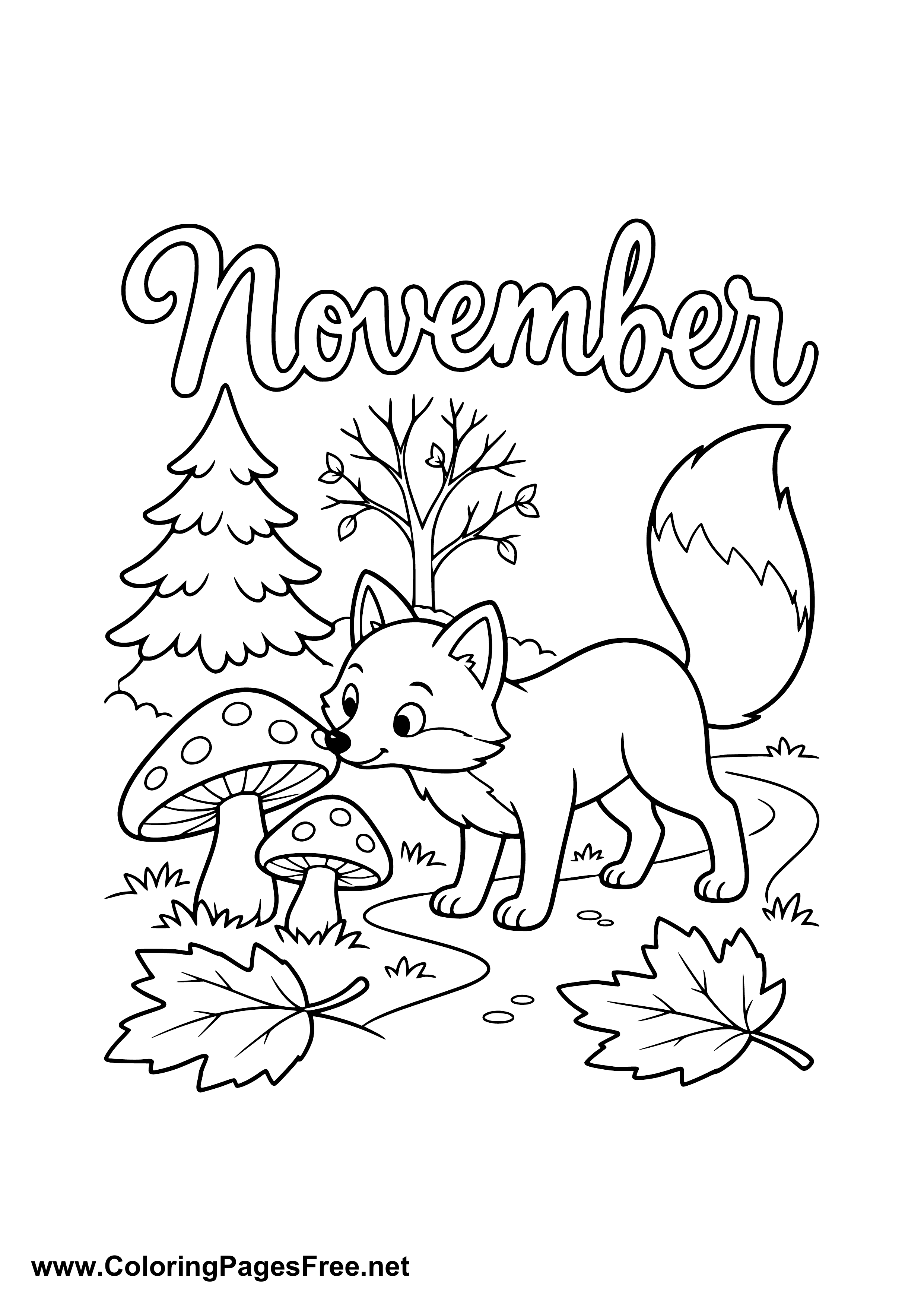 November Coloring Page of Fox with Toadstools in Forest