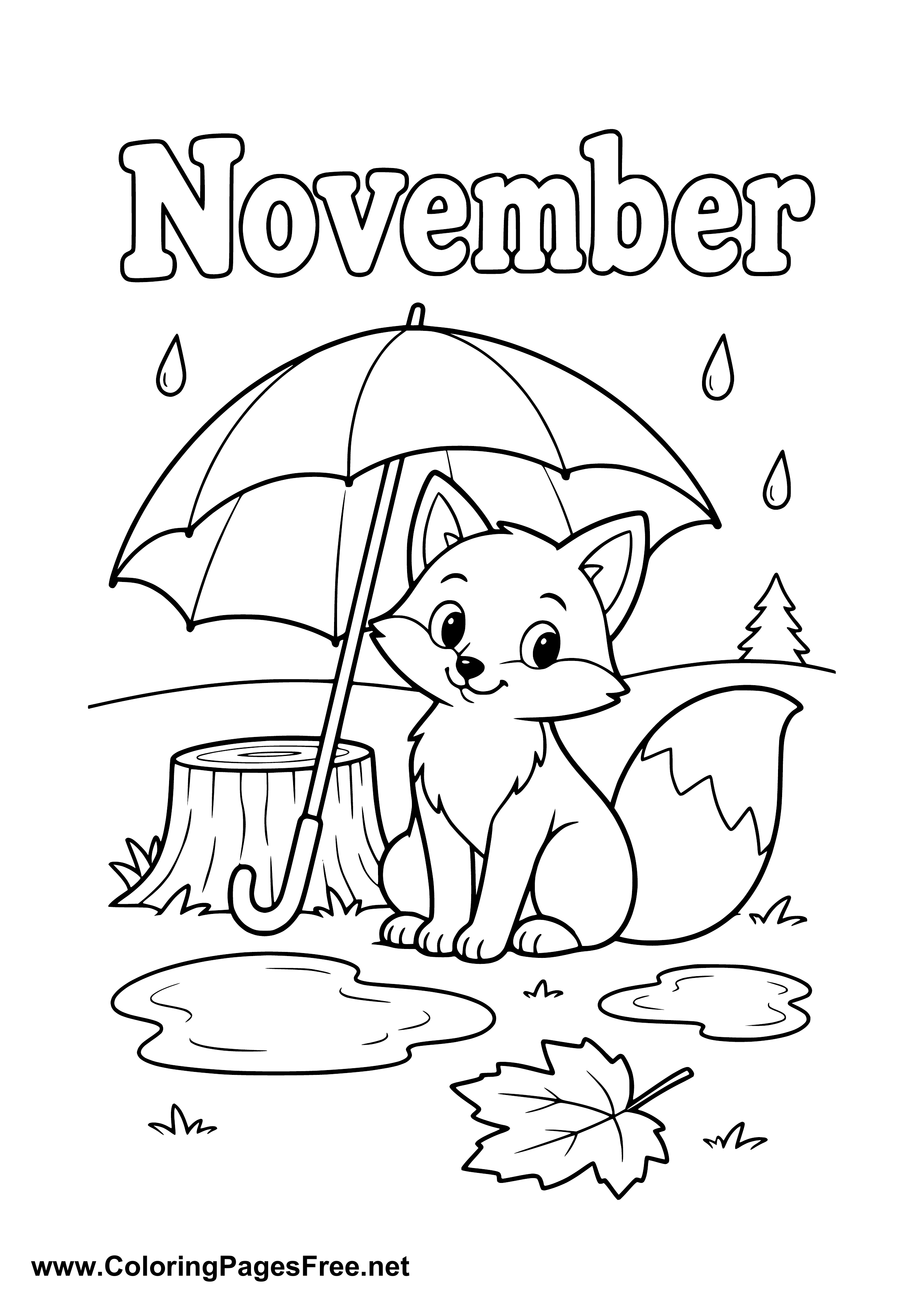 November Coloring Page of Fox with Umbrella in the Rain