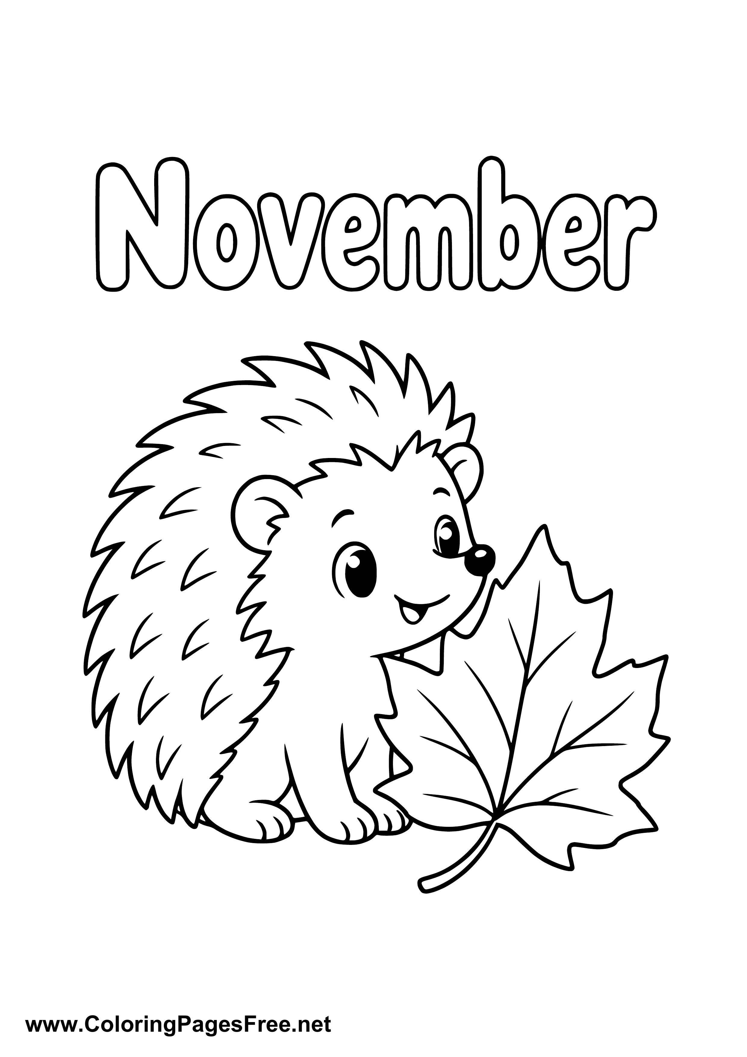 November Coloring Page of Hedgehog with Large Autumn Leaf