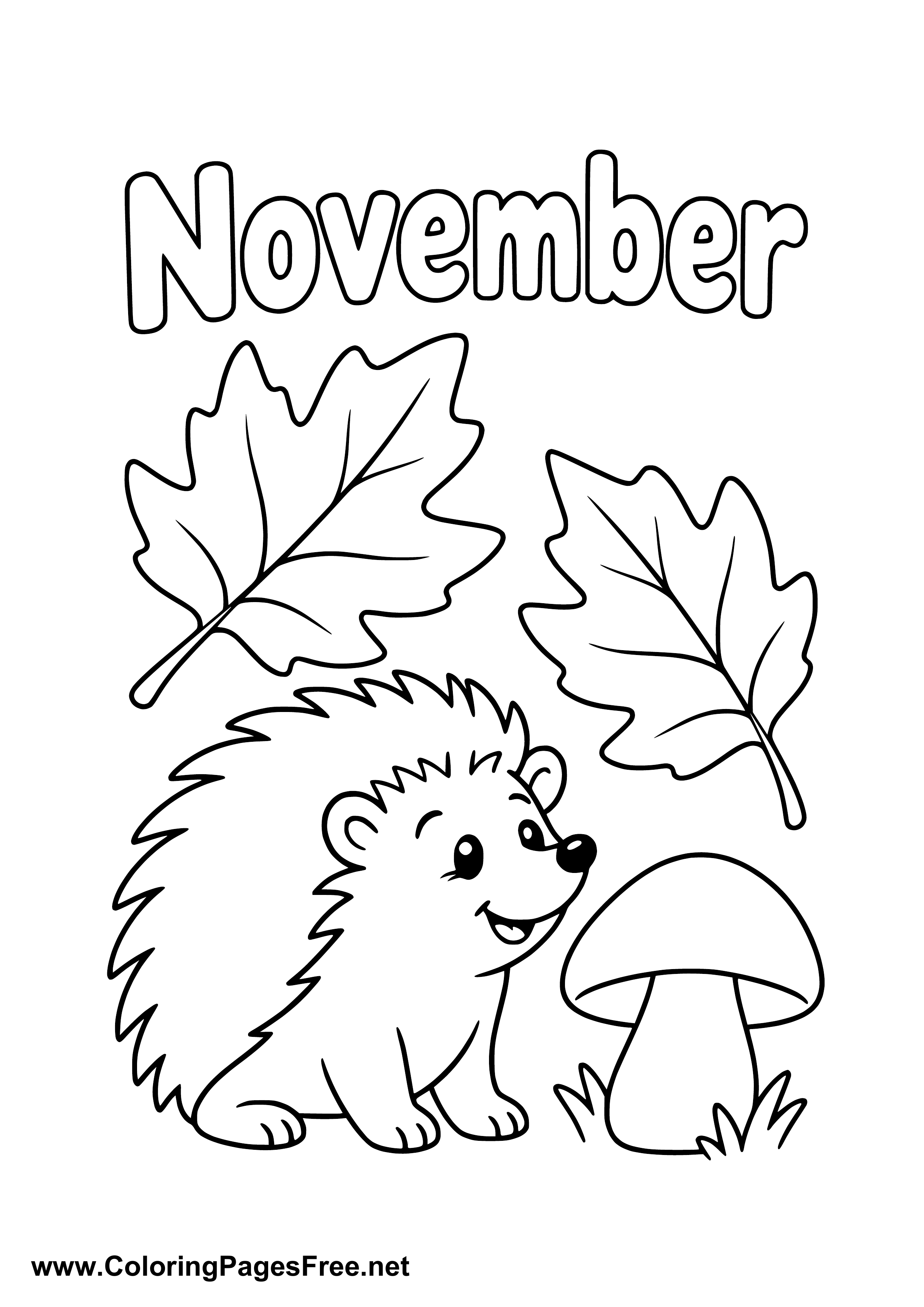 November Coloring Page of Hedgehog with Leaves and Mushroom