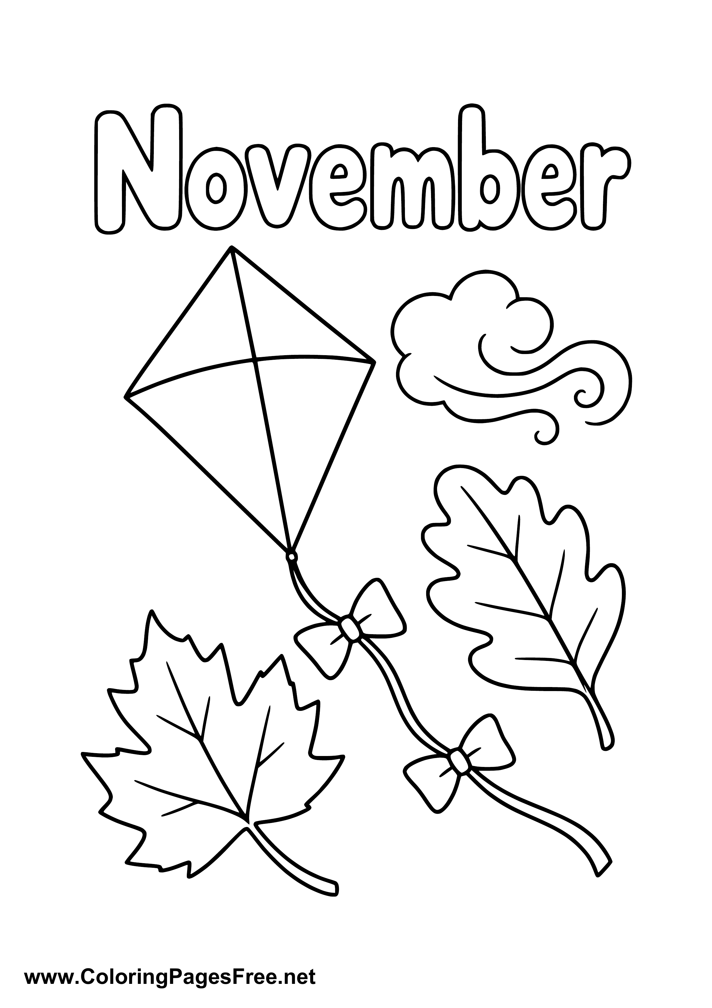 November Coloring Page of Kite Flying in Autumn Wind