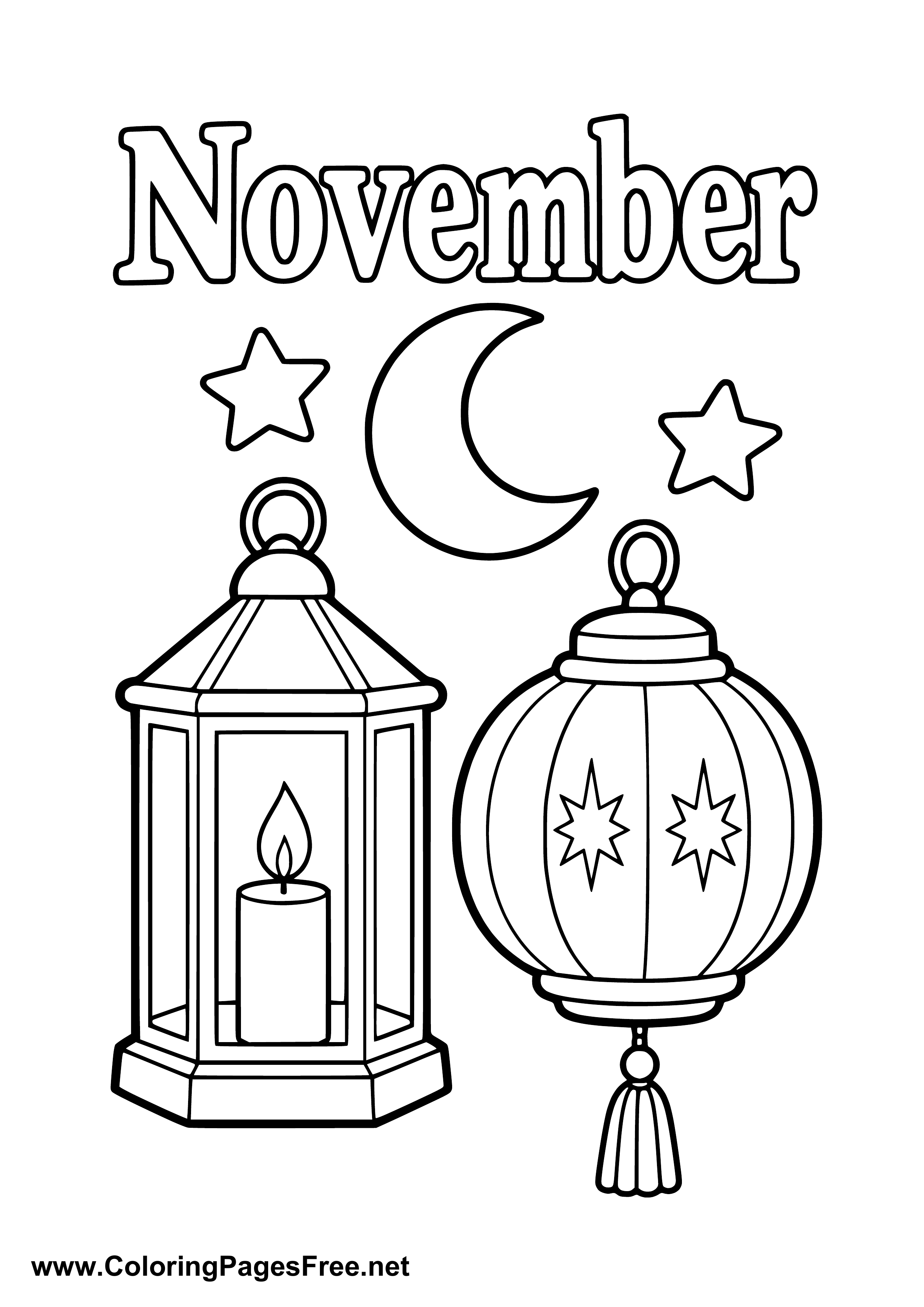 November Coloring Page of Lanterns Under Starry Sky