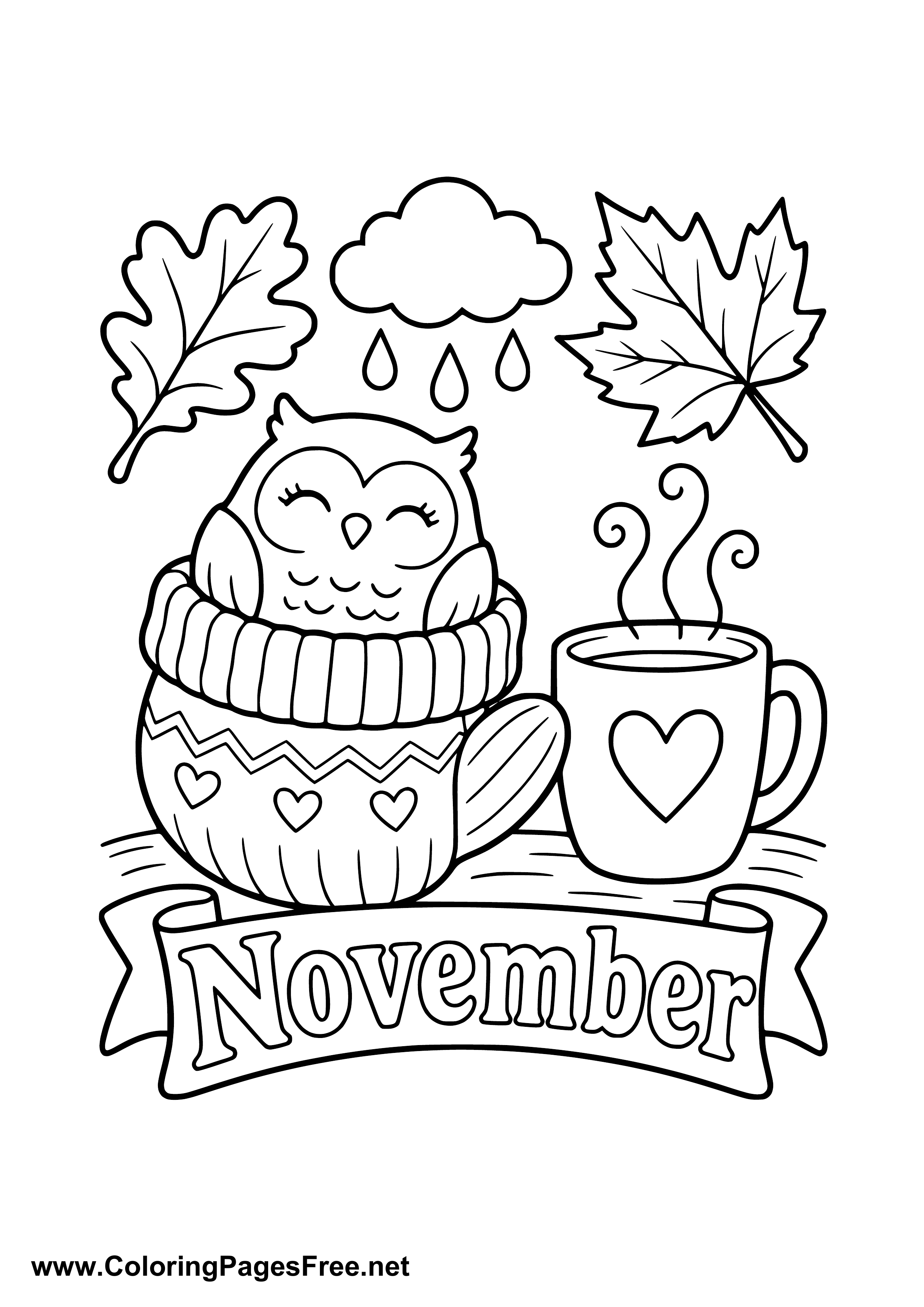 November Coloring Page of Little Owl in a Mitten with Tea