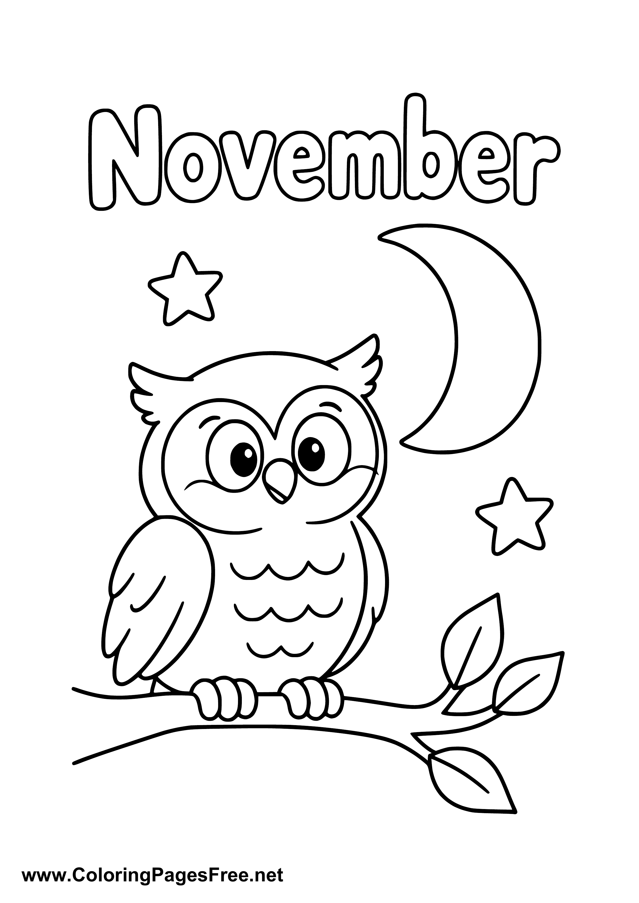 November Coloring Page of Little Owl with Moon and Stars