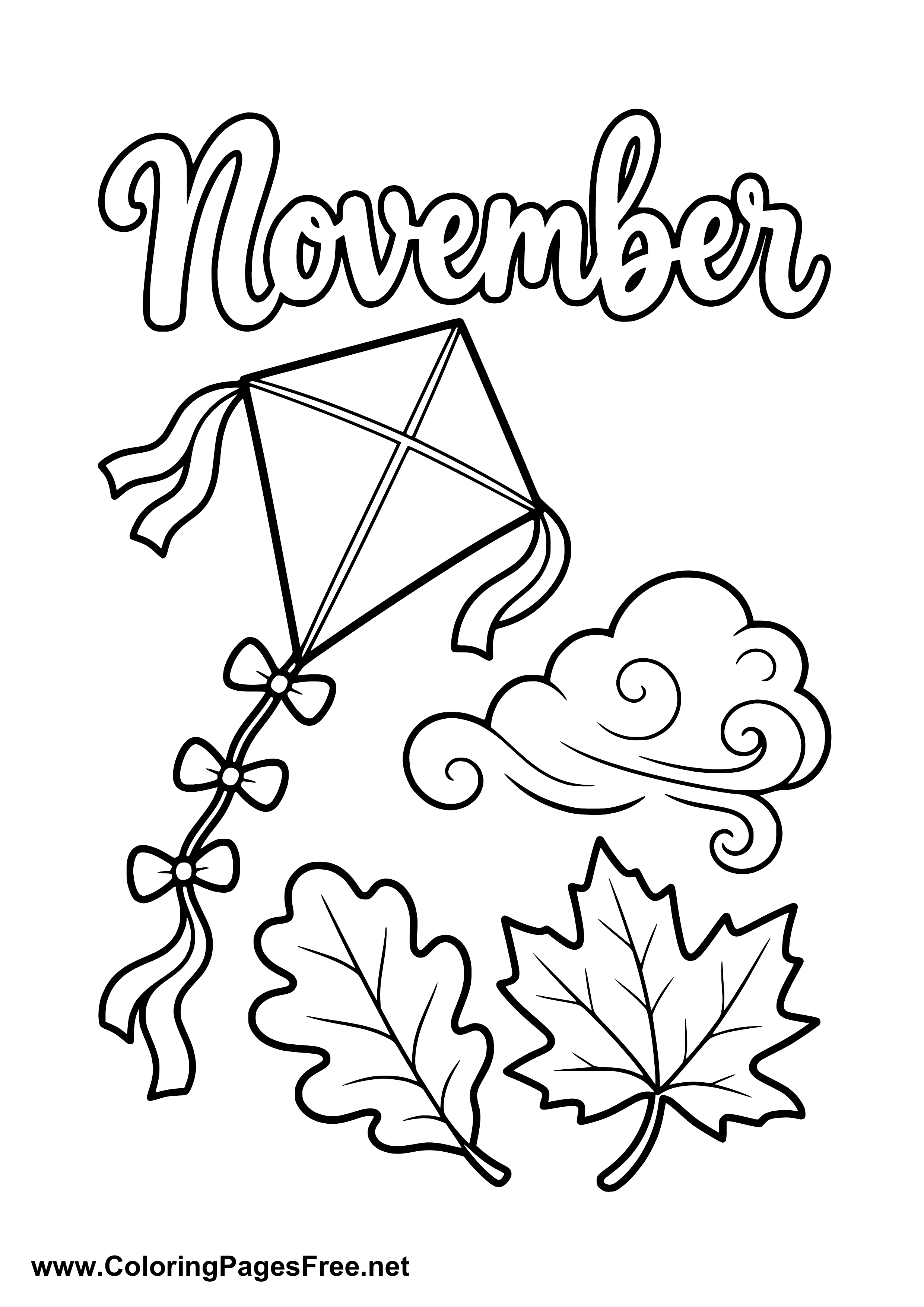November Coloring Page of Paper Kite with Windblown Leaves