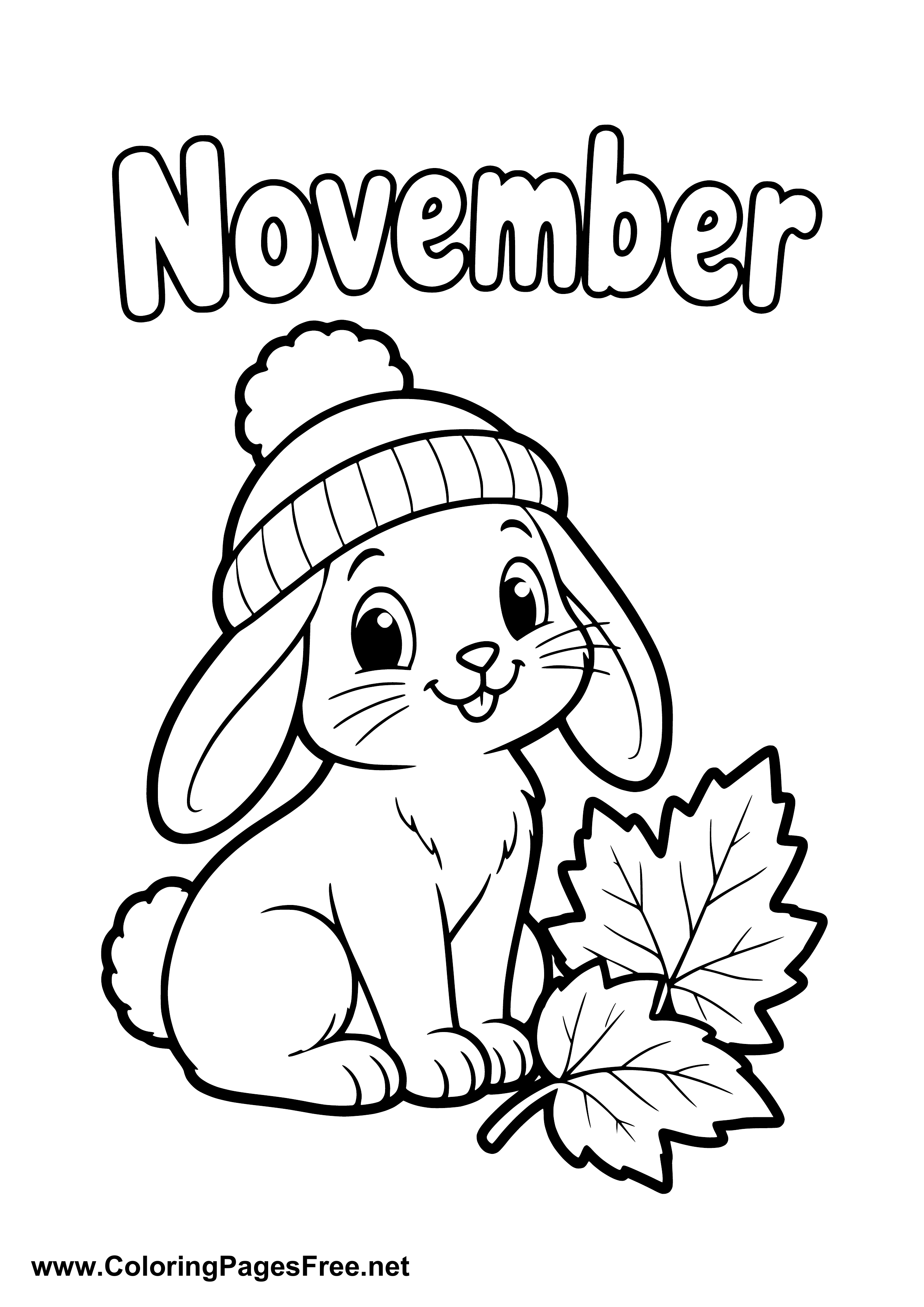 November Coloring Page of Rabbit in Pom Pom Hat with Fall Leaves