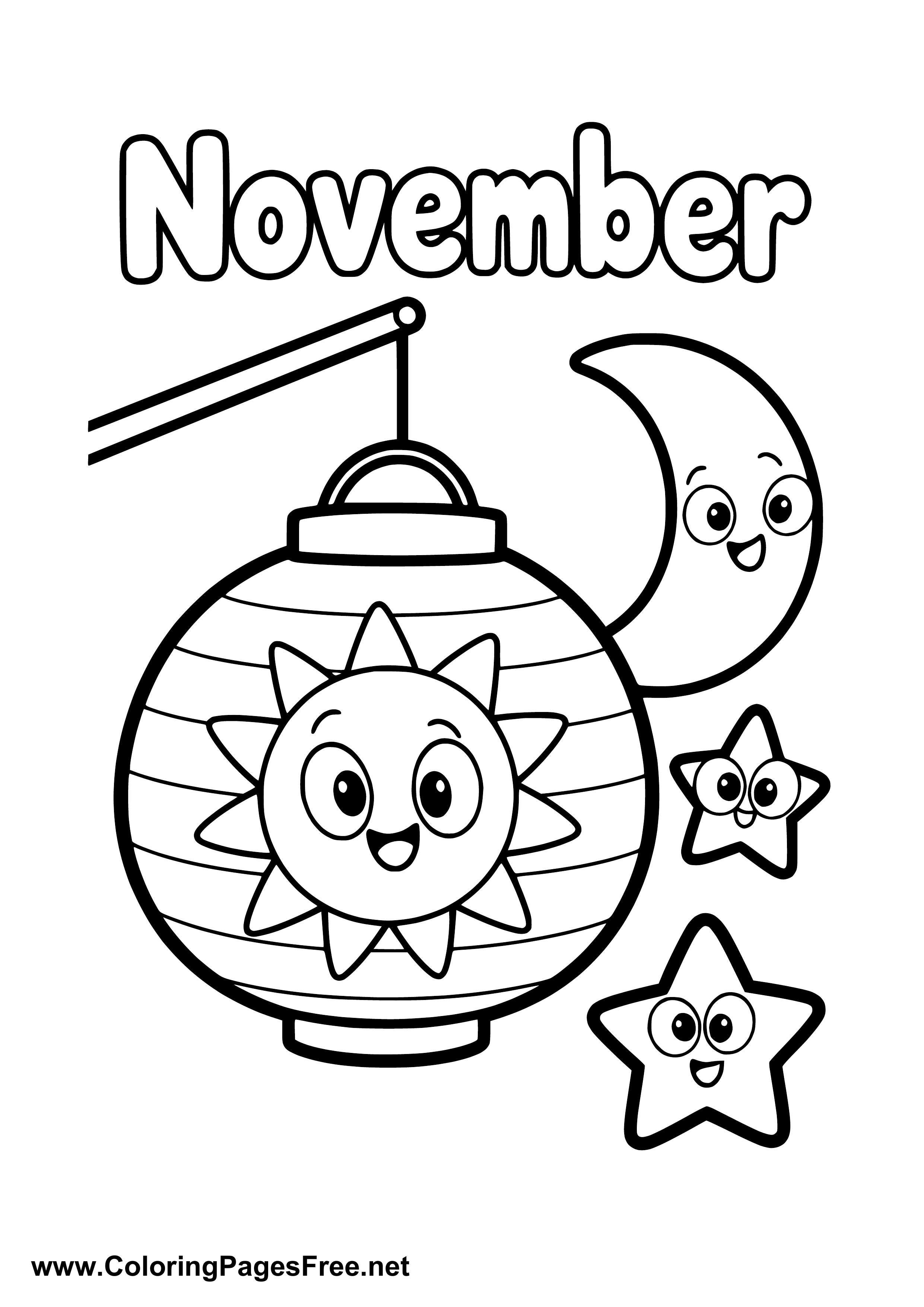 November Coloring Page of Smiling Moon with Star Lantern