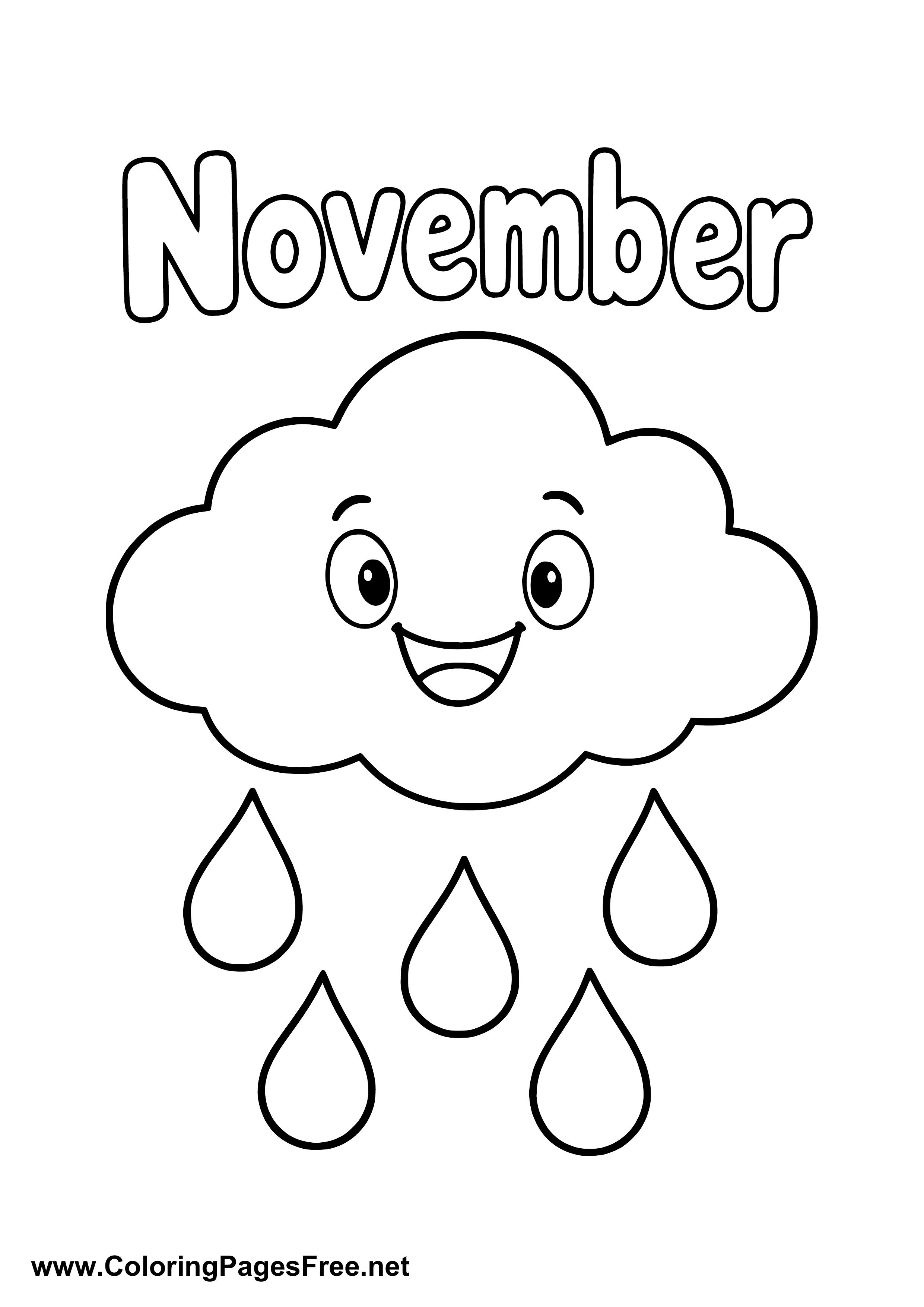 November Coloring Page of Smiling Rain Cloud with Raindrops