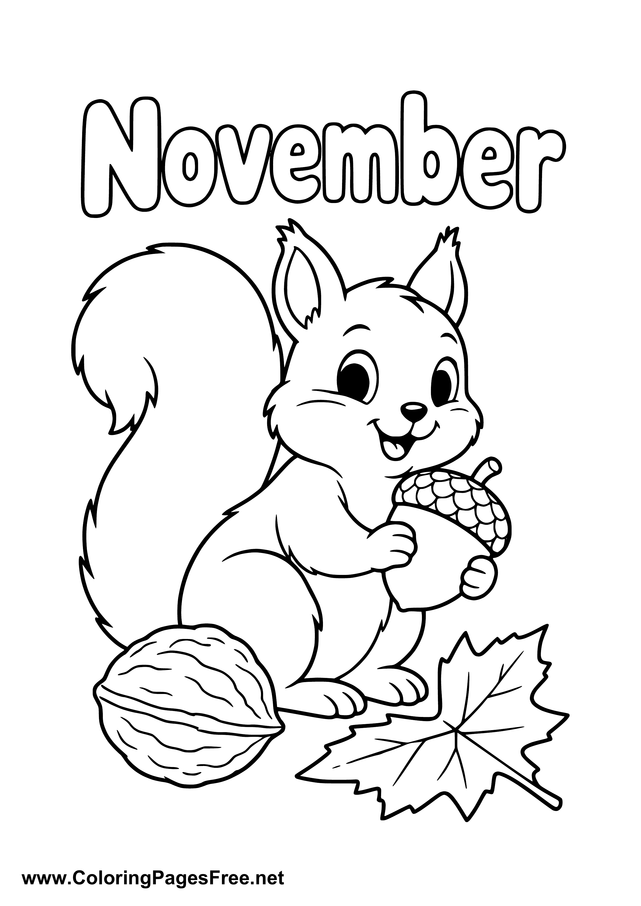 November Coloring Page of Squirrel with Nut and Fall Leaves