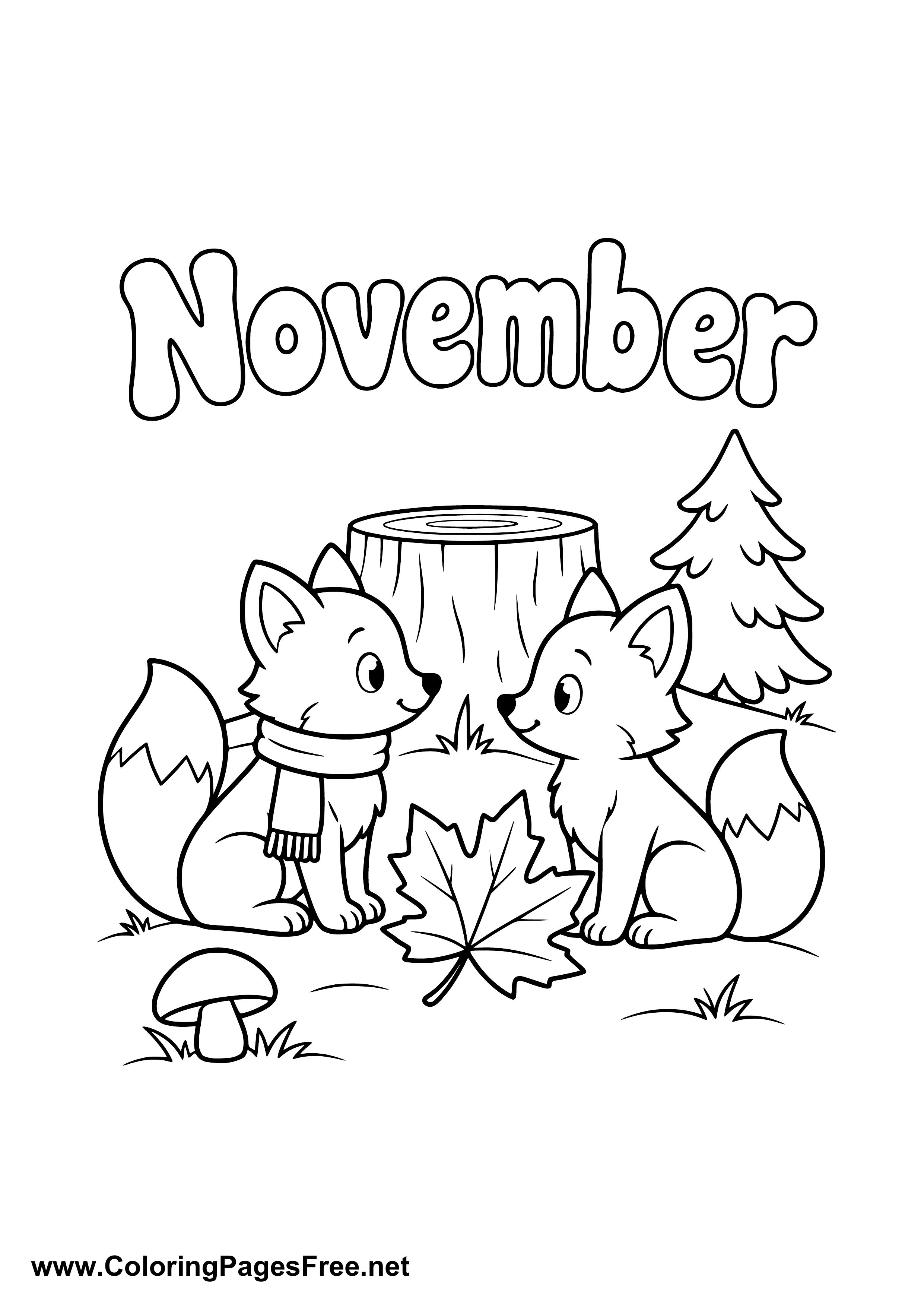 November Coloring Page of Two Foxes in Autumn Forest