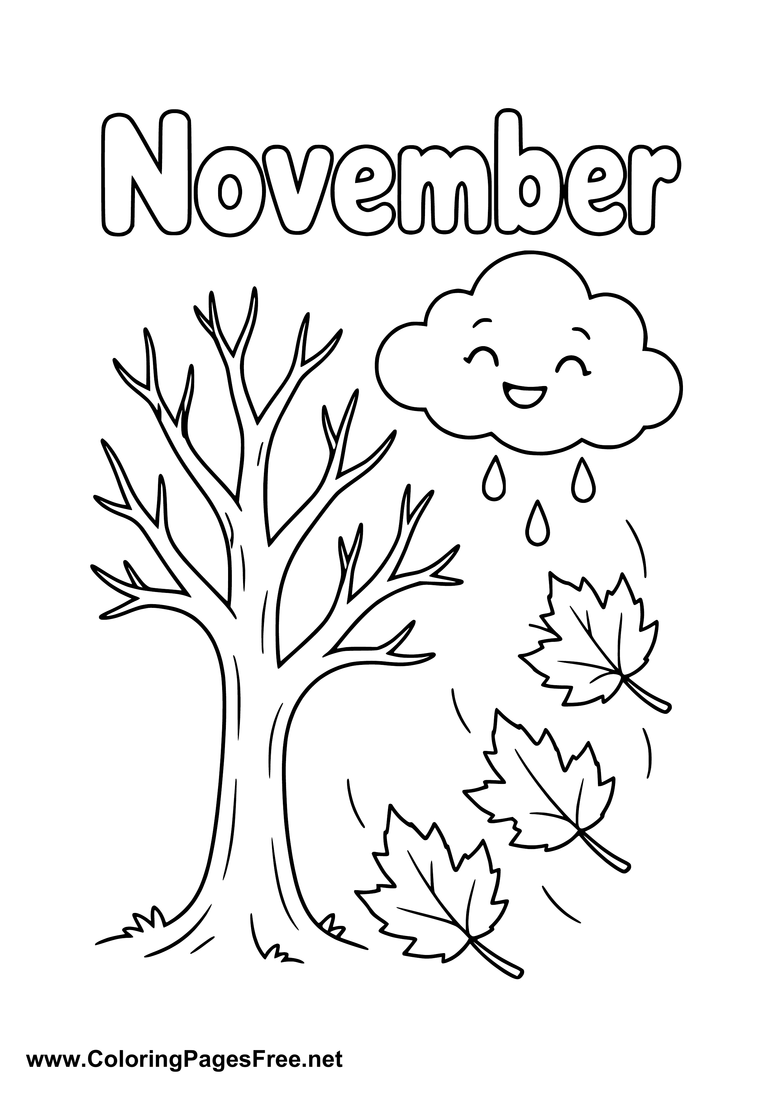 November Coloring Page with Autumn Tree Rain Cloud and Leaves