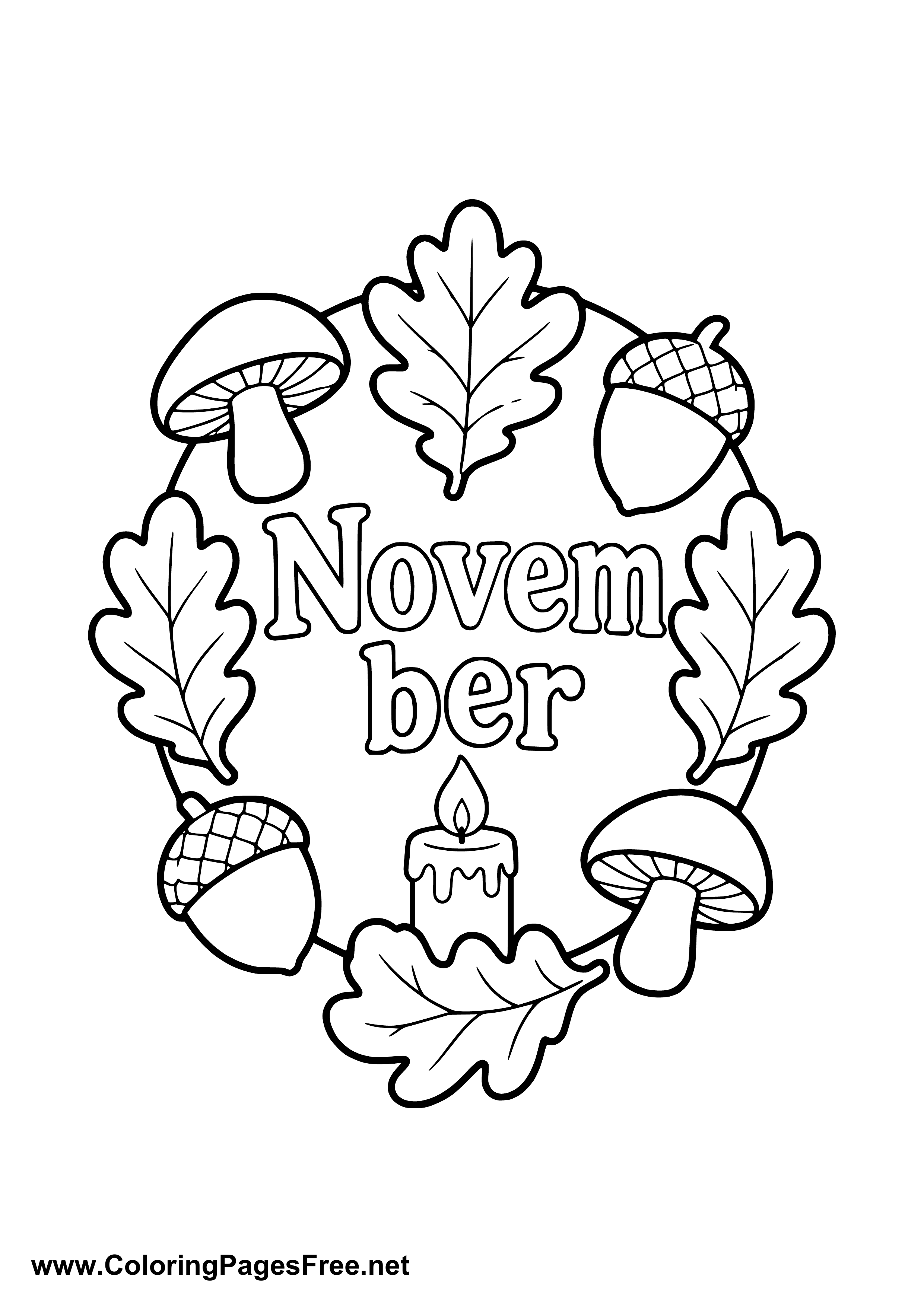 November Coloring Page with Autumn Wreath Mushrooms and Candle