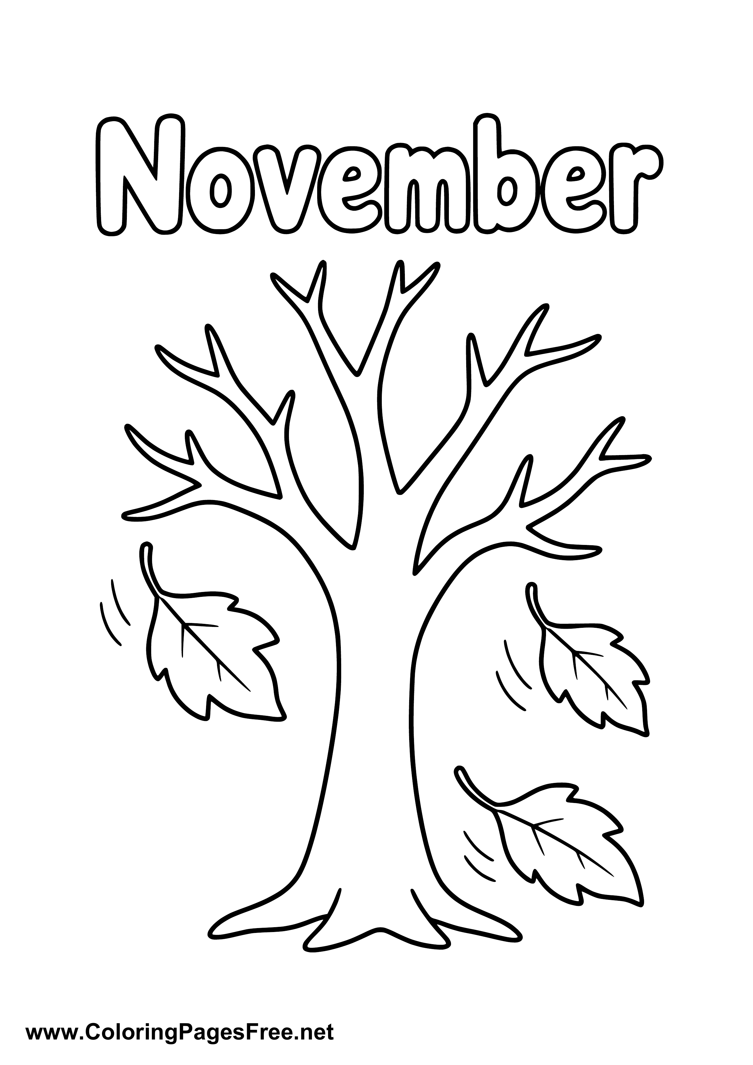 November Coloring Page with Bare Tree and Falling Leaves