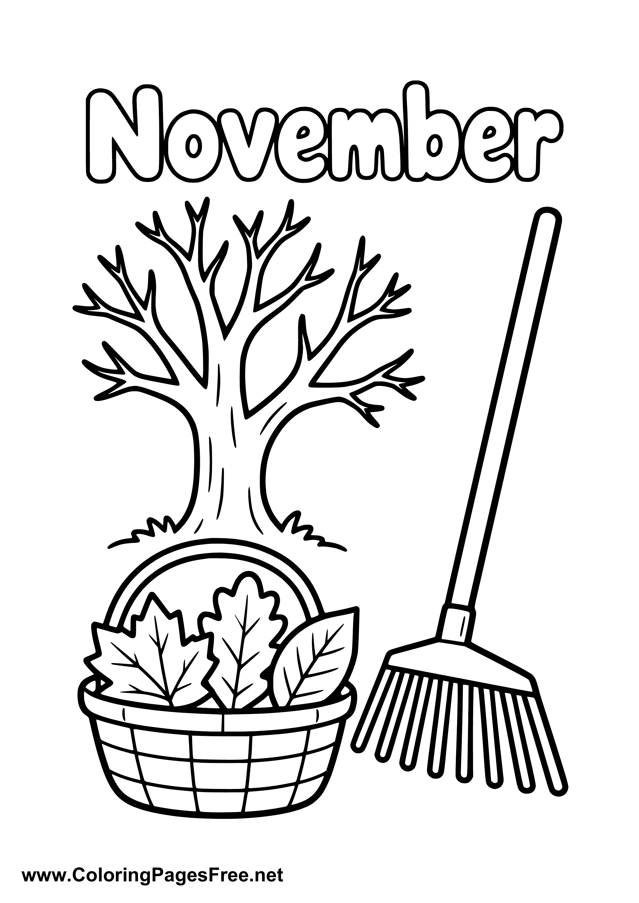 November Coloring Page with Bare Tree Rake and Leaf Basket