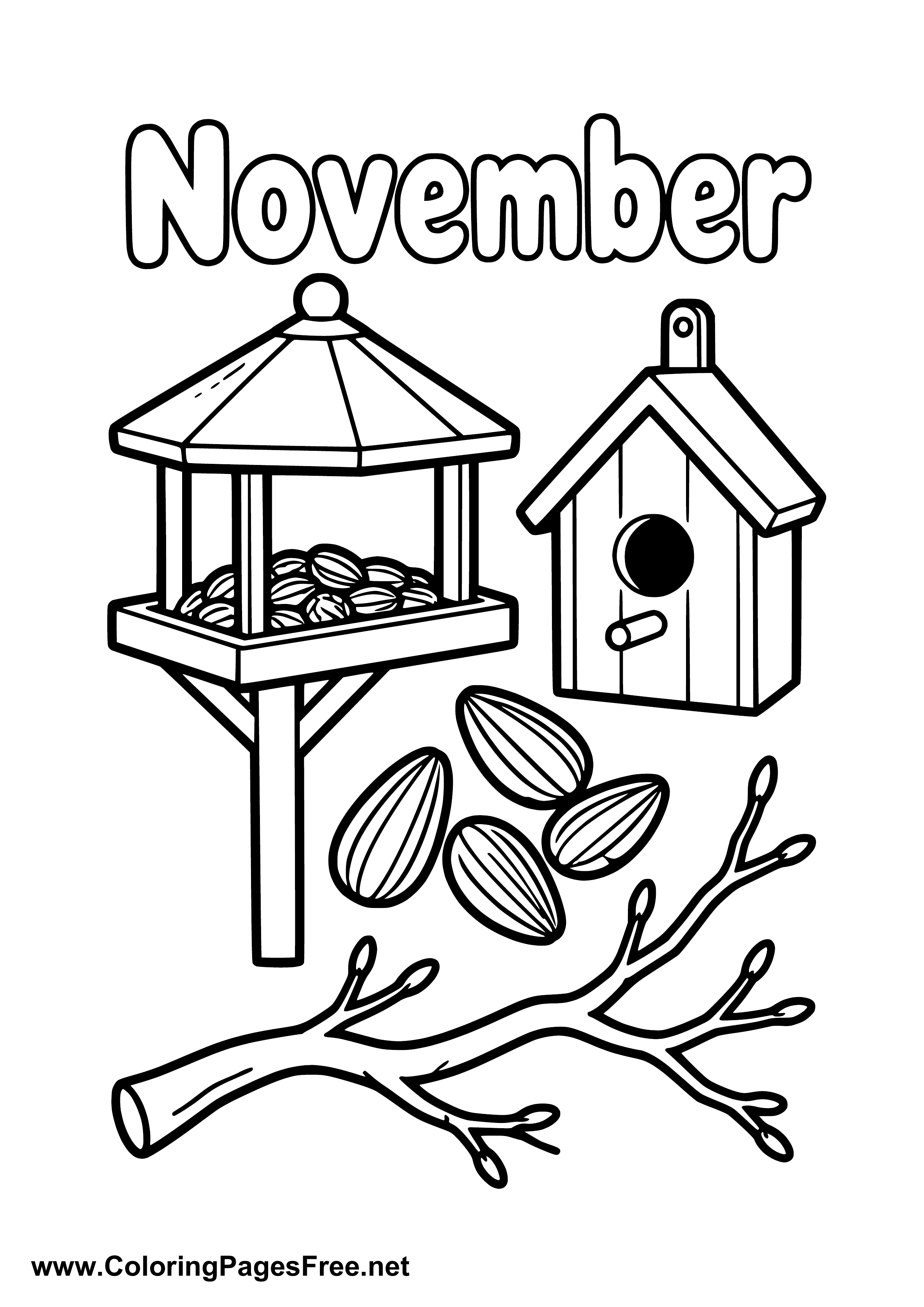 November Coloring Page with Bird Feeder and Sunflower Seeds