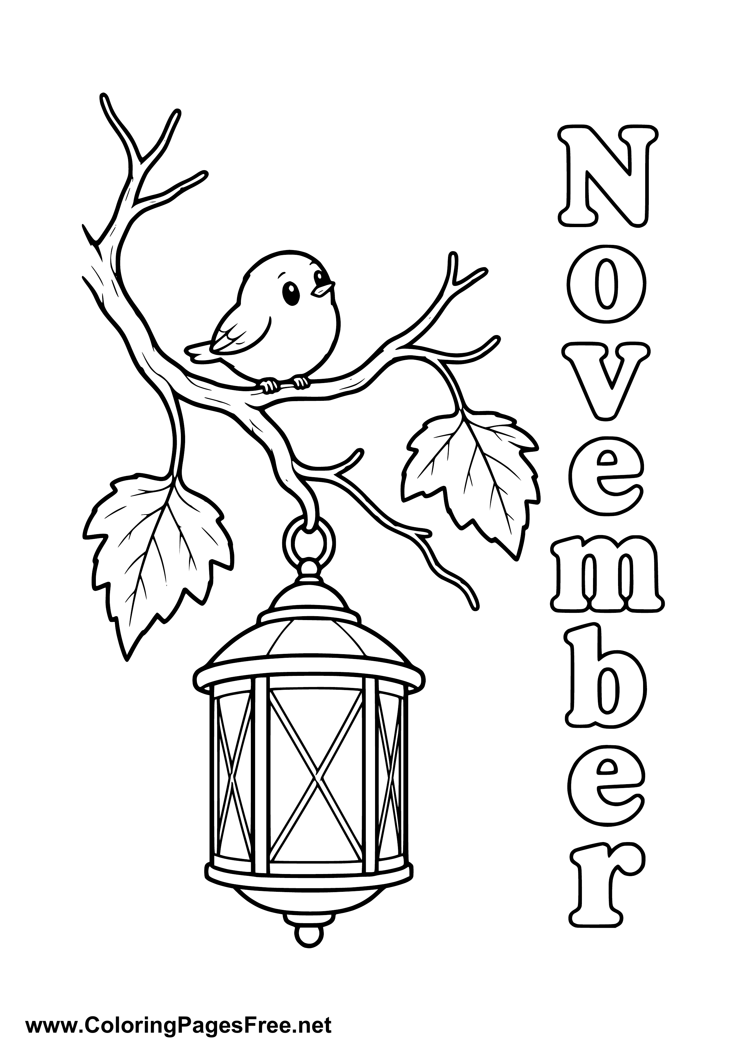 November Coloring Page with Bird on Branch and Hanging Lantern