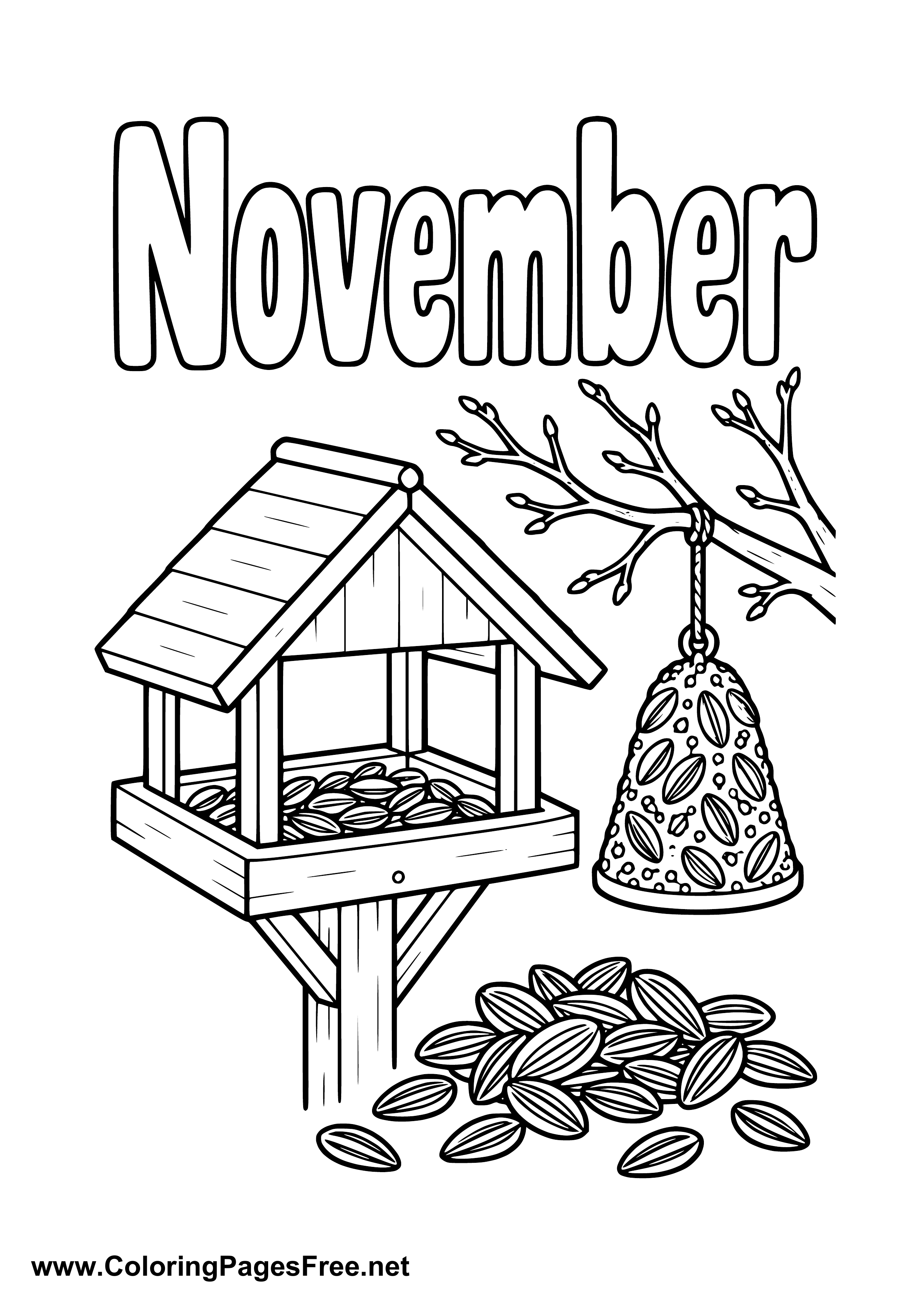November Coloring Page with Birdhouse Feed Bell and Seeds