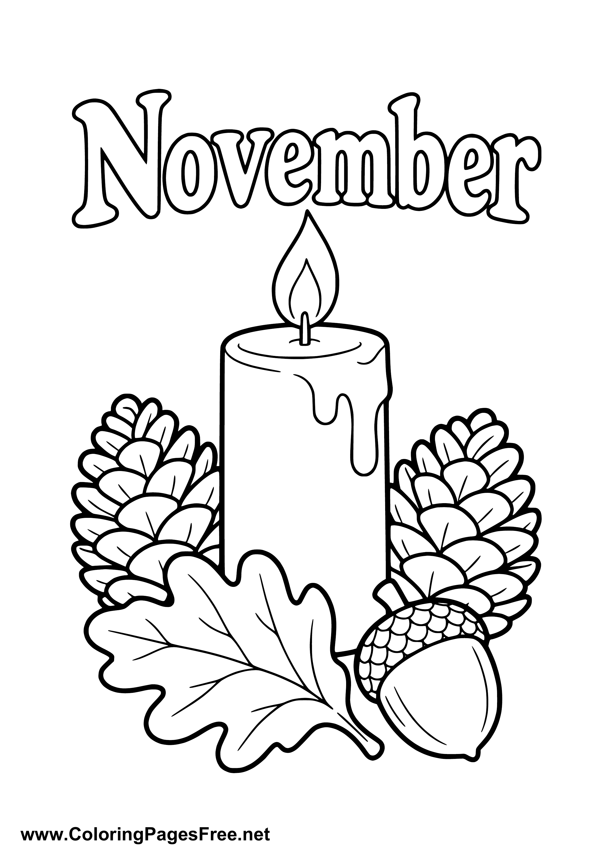November Coloring Page with Burning Candle Pine Cone and Acorn