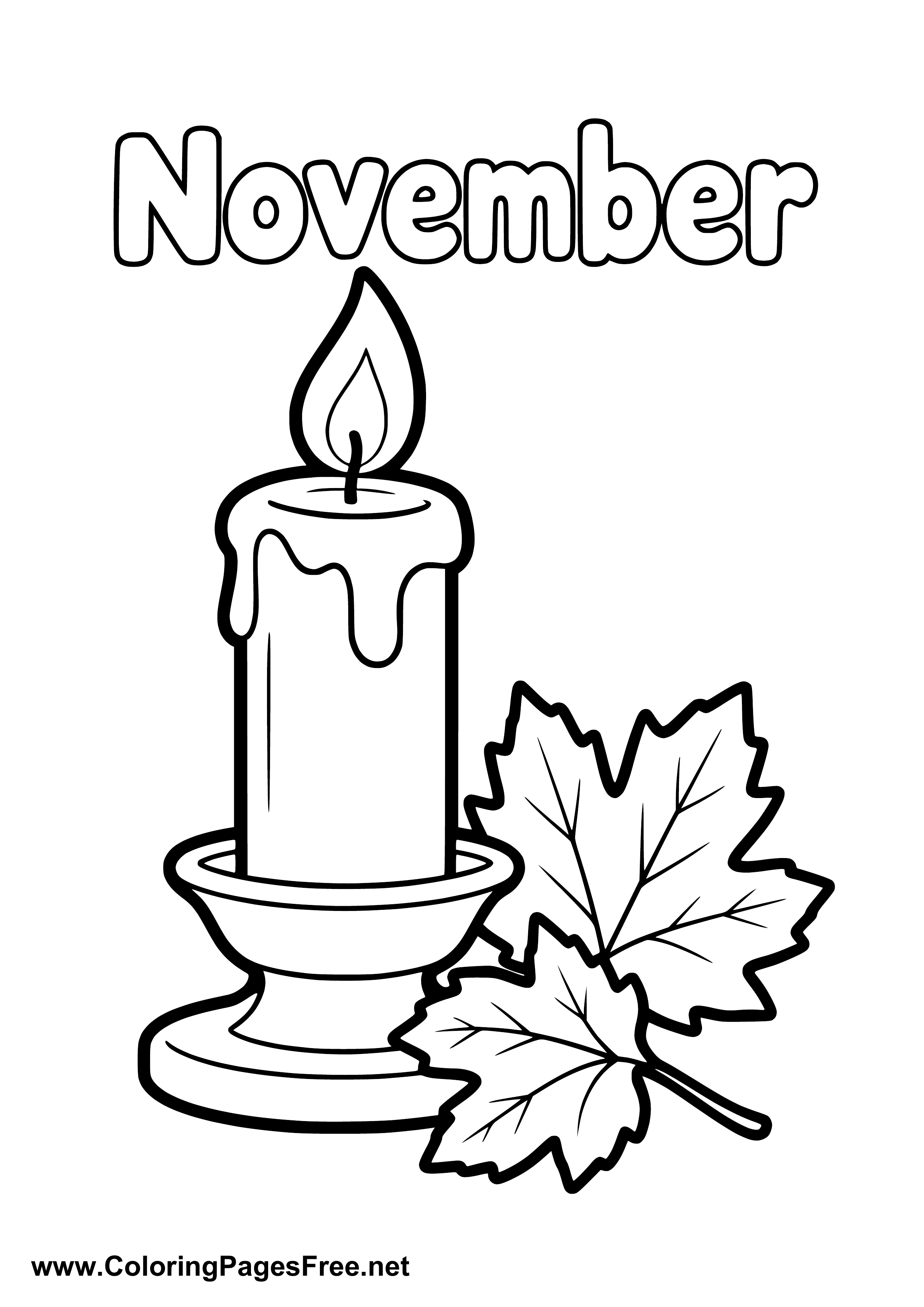 November Coloring Page with Candle and Maple Leaves