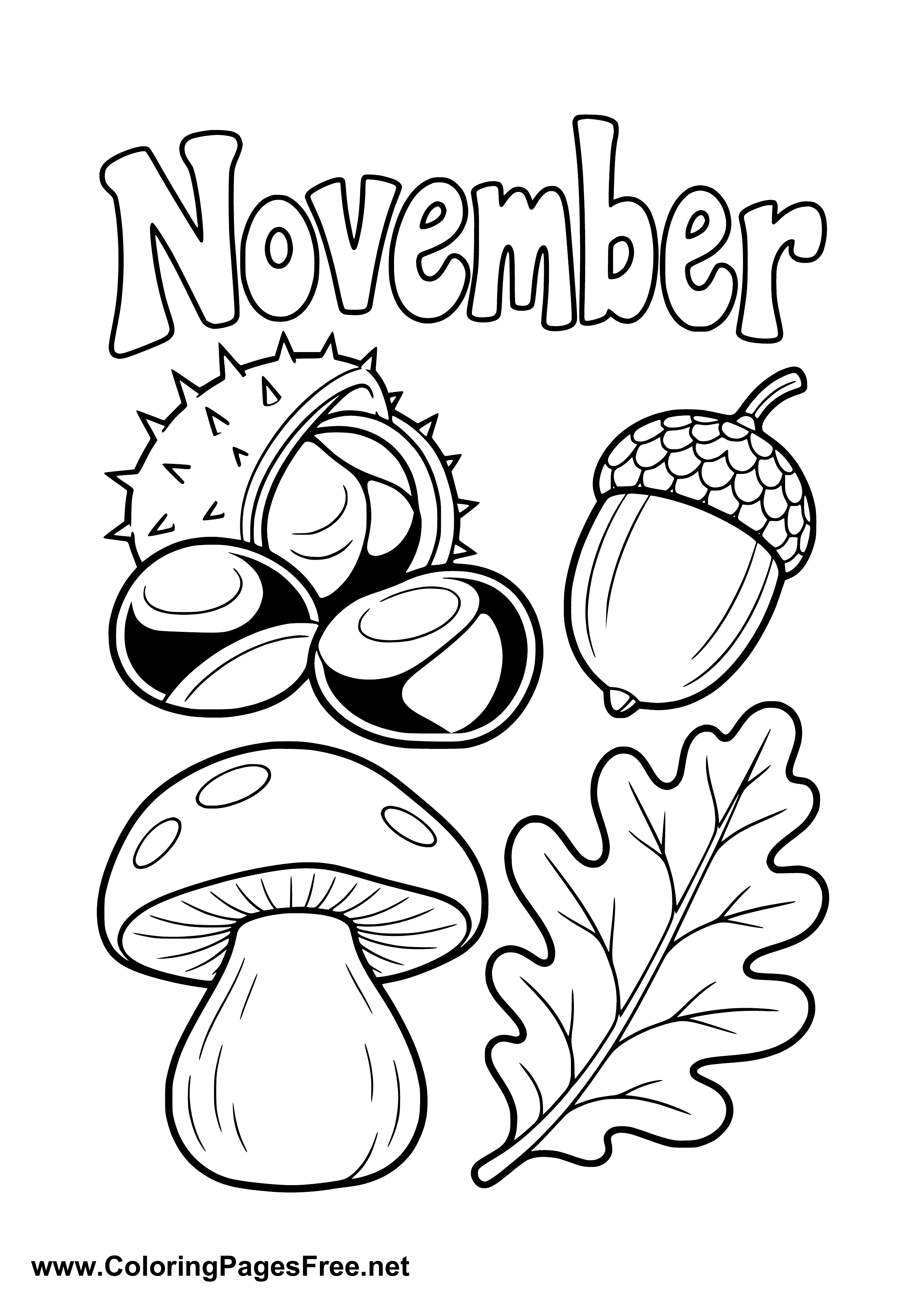 November Coloring Page with Chestnut Acorn Mushroom and Oak Leaf