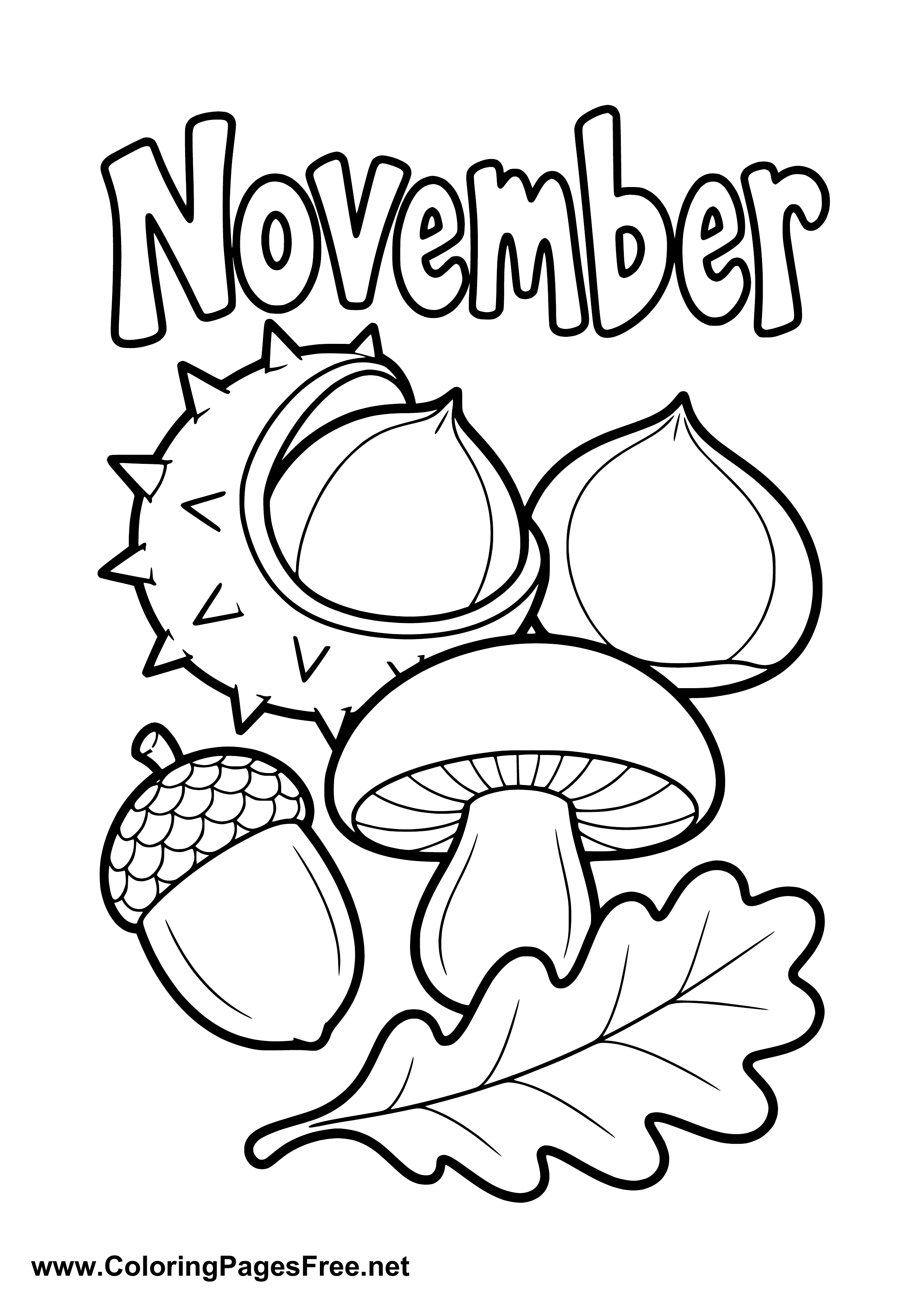 November Coloring Page with Chestnuts Mushroom Acorn and Leaf