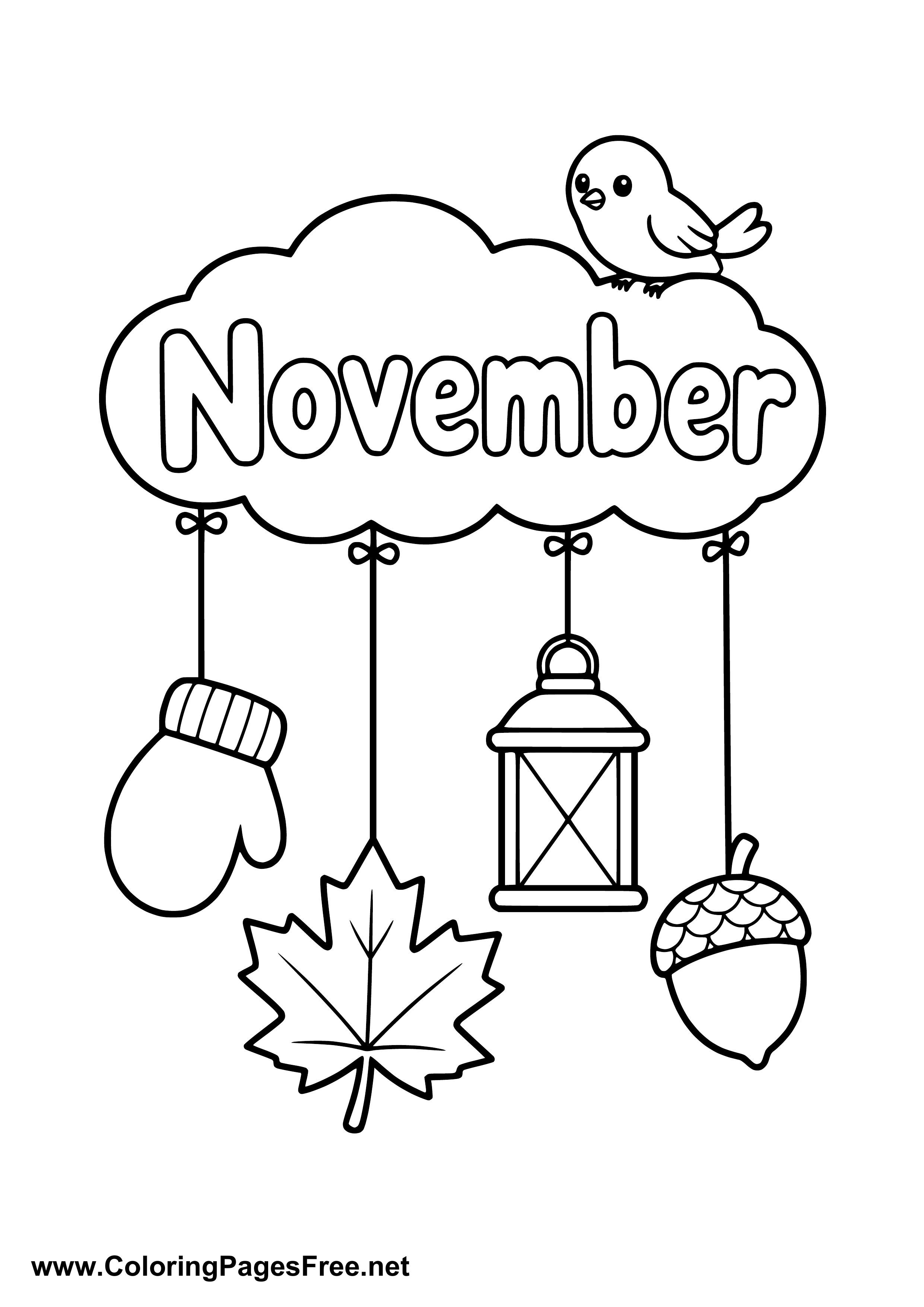 November Coloring Page with Cloud Lantern Acorn and Mitten