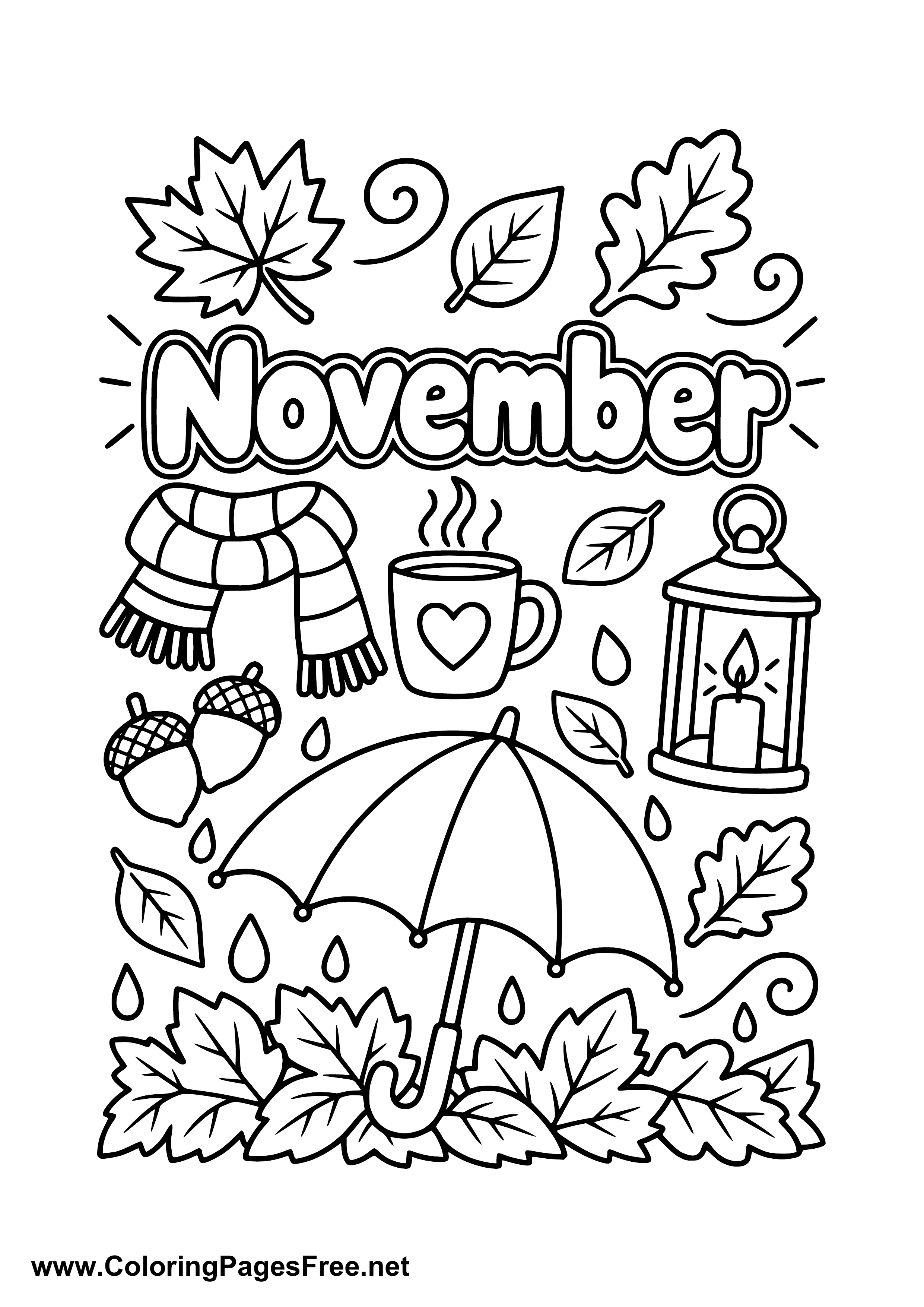 November Coloring Page with Fall Lantern and Umbrella Decorations