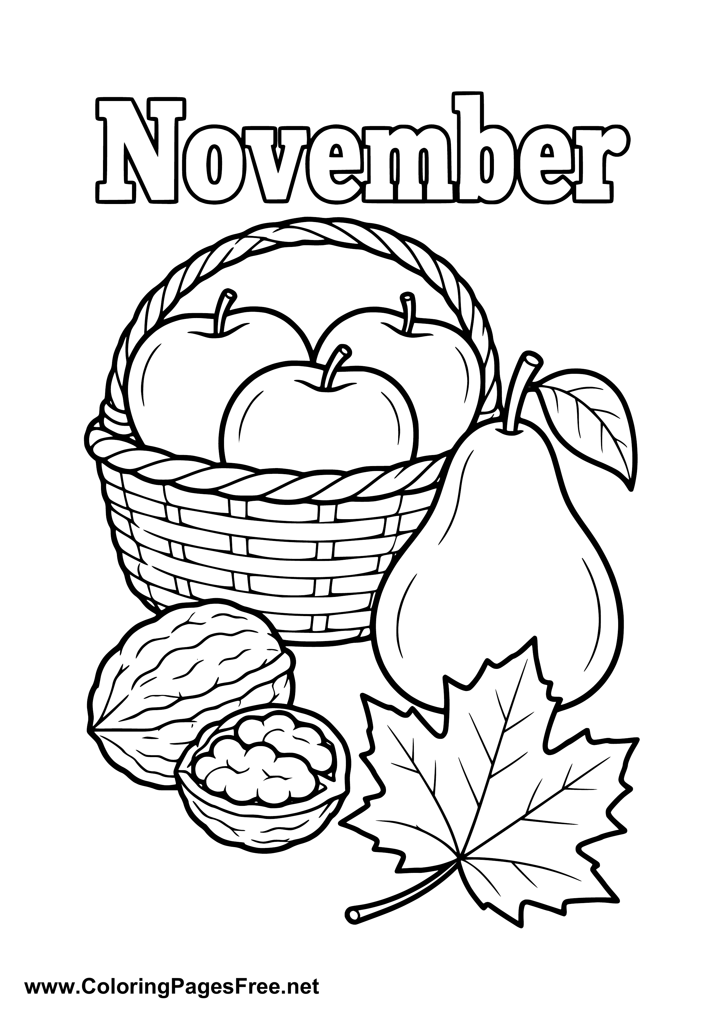 November Coloring Page with Fruit Basket Apples Pear and Walnuts
