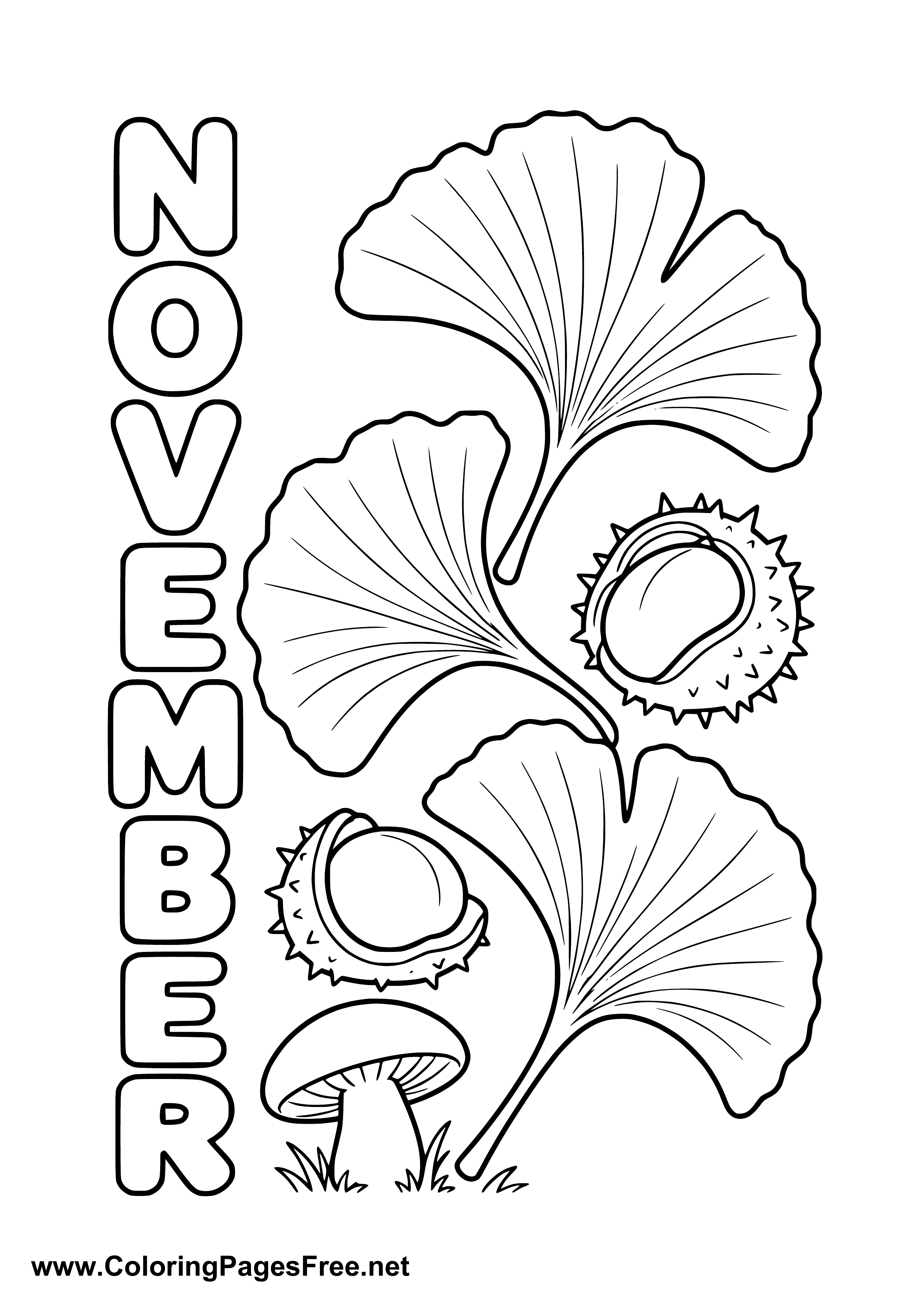 November Coloring Page with Ginkgo Leaves Chestnuts and Mushrooms