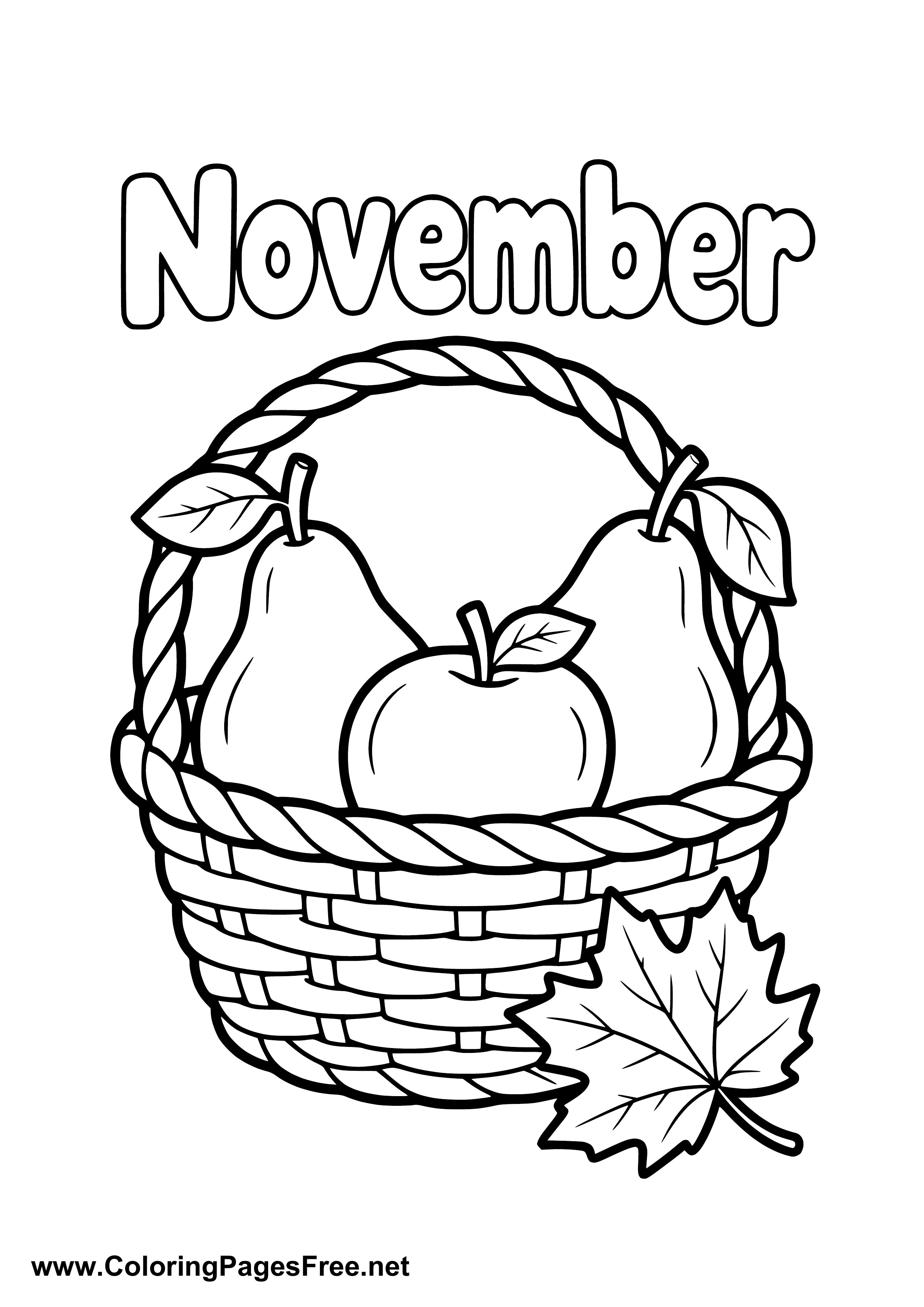 November Coloring Page with Harvest Basket Pear and Apple