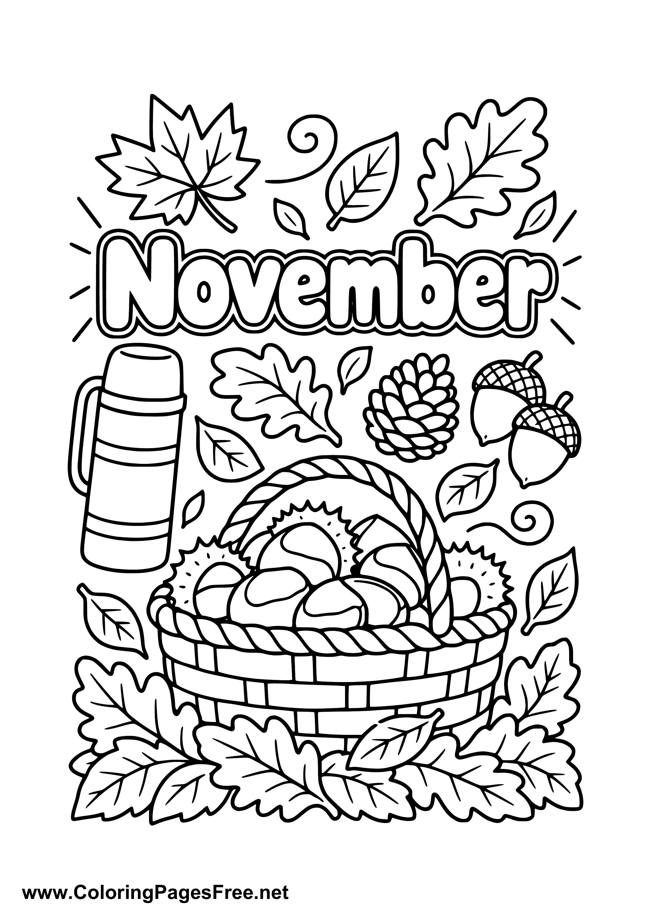 November Coloring Page with Harvest Basket Pumpkin and Leaves
