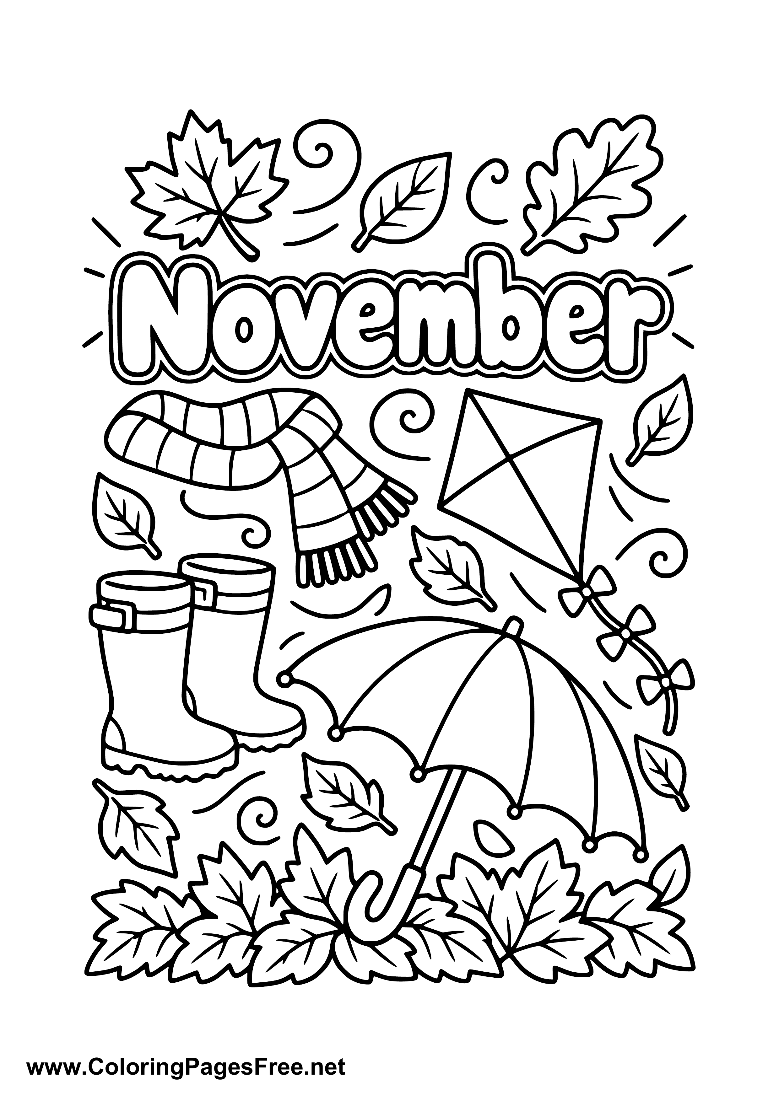 November Coloring Page with Kite Umbrella and Fall Clothes
