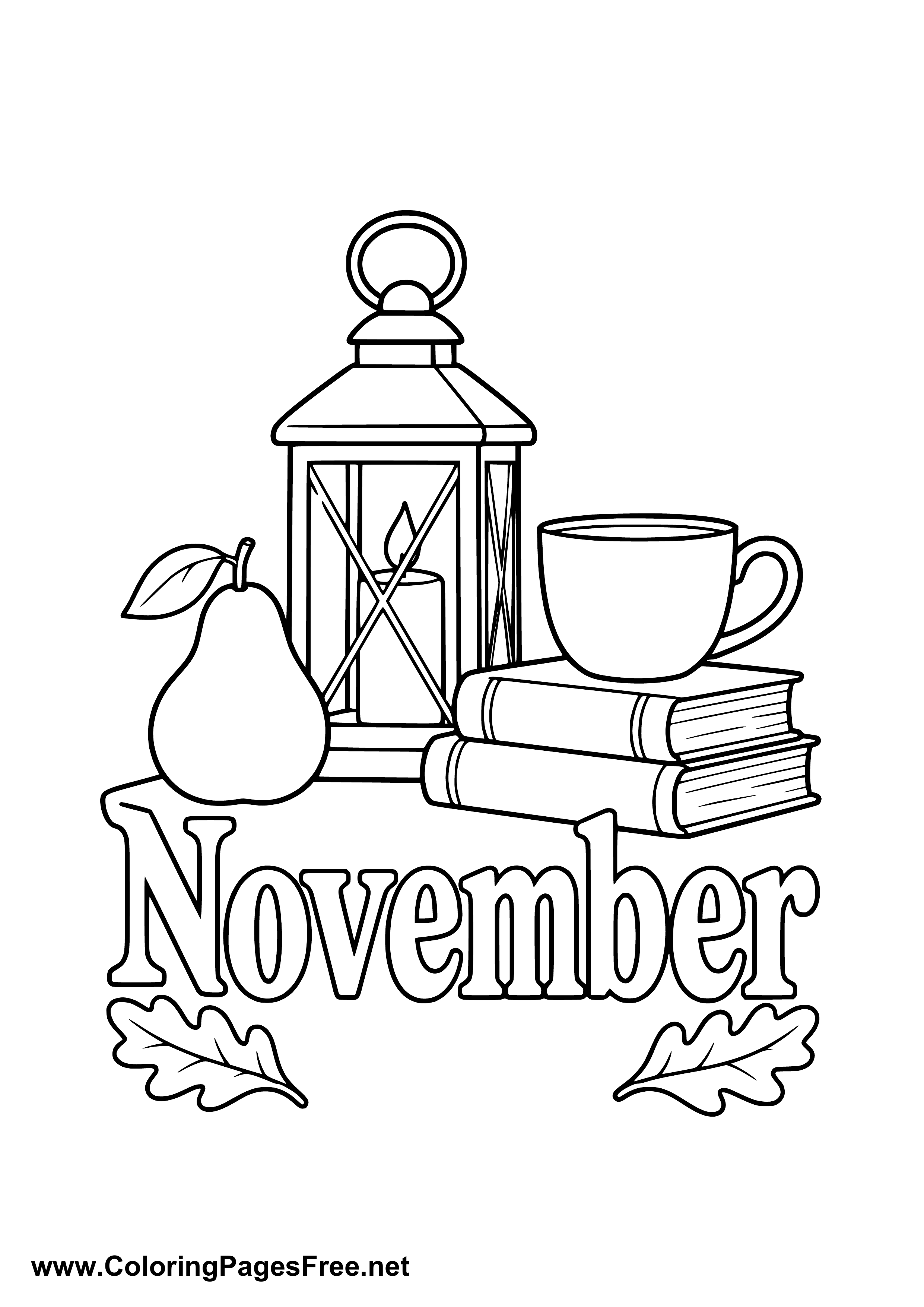 November Coloring Page with Lantern Books and Pear Still Life