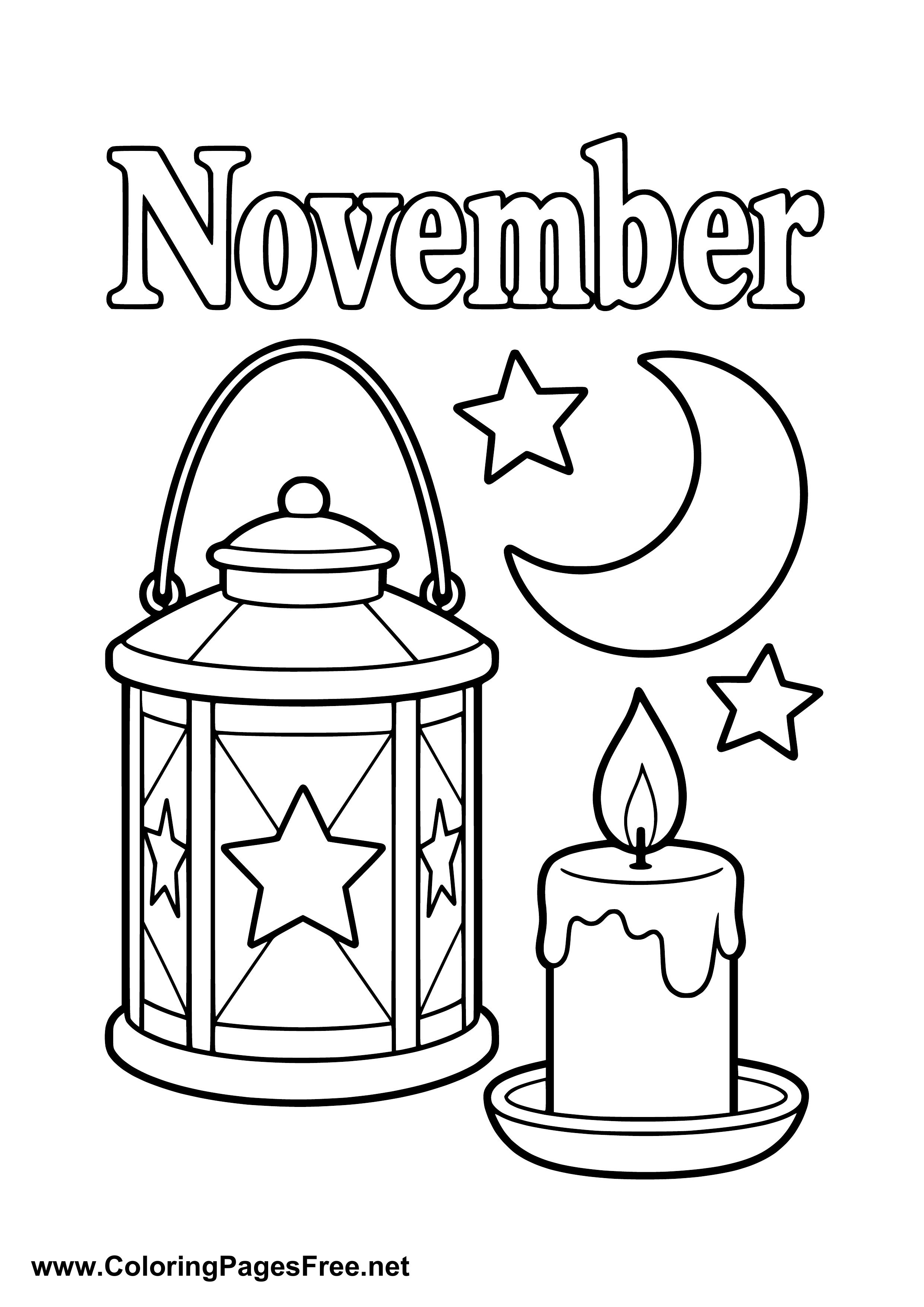 November Coloring Page with Lantern Candle and Crescent Moon