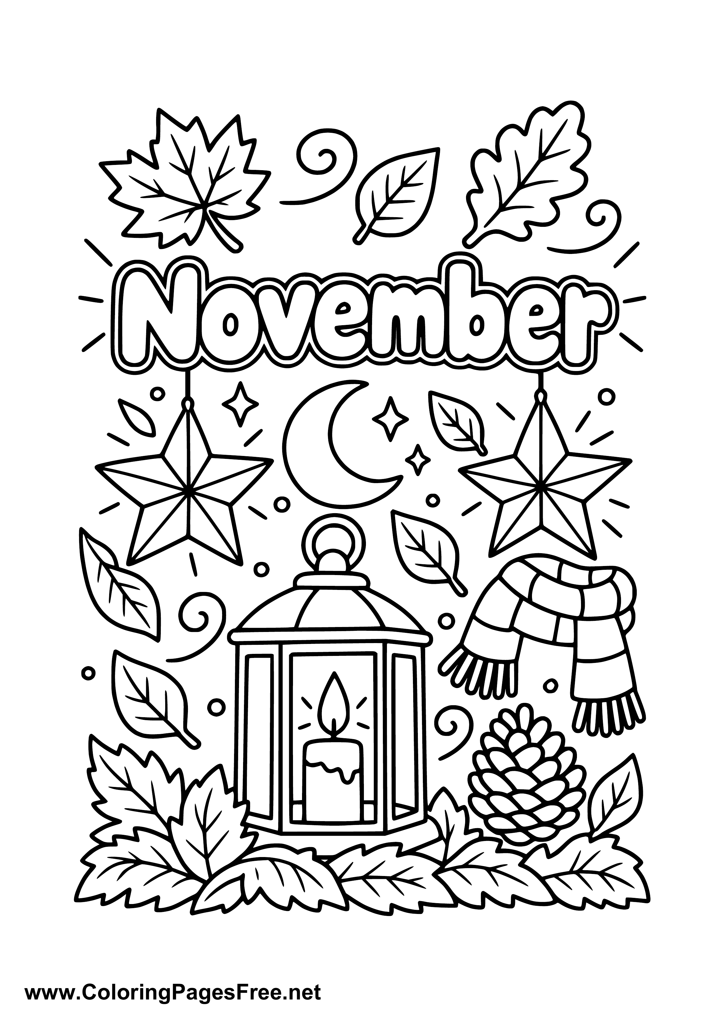 November Coloring Page with Lantern Moon and Fall Leaves